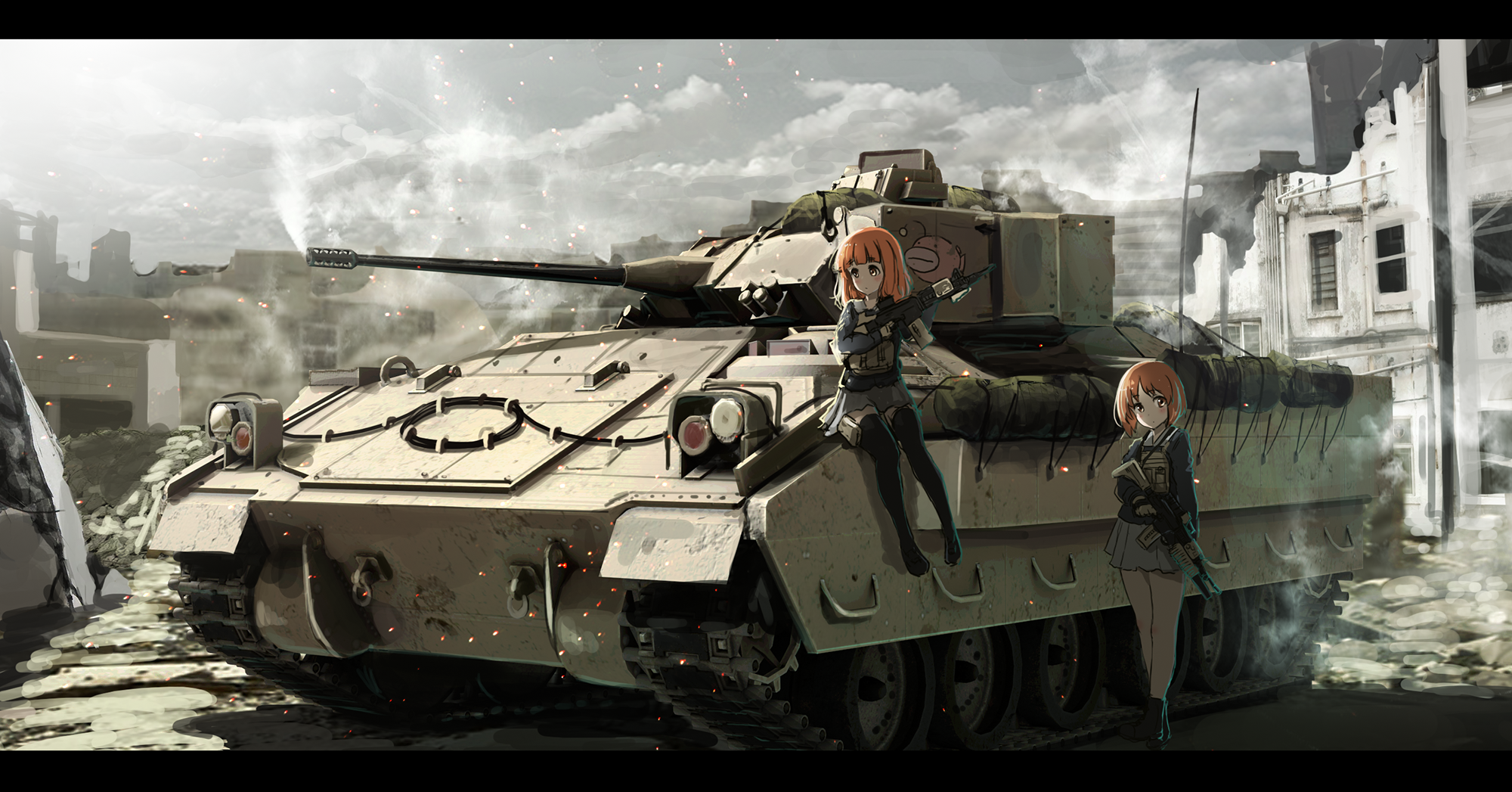 Anime 2000x1047 anime anime girls Girls und Panzer tank weapon gun M2 Bradley military vehicle two women machine gun redhead shoulder length hair Pixiv
