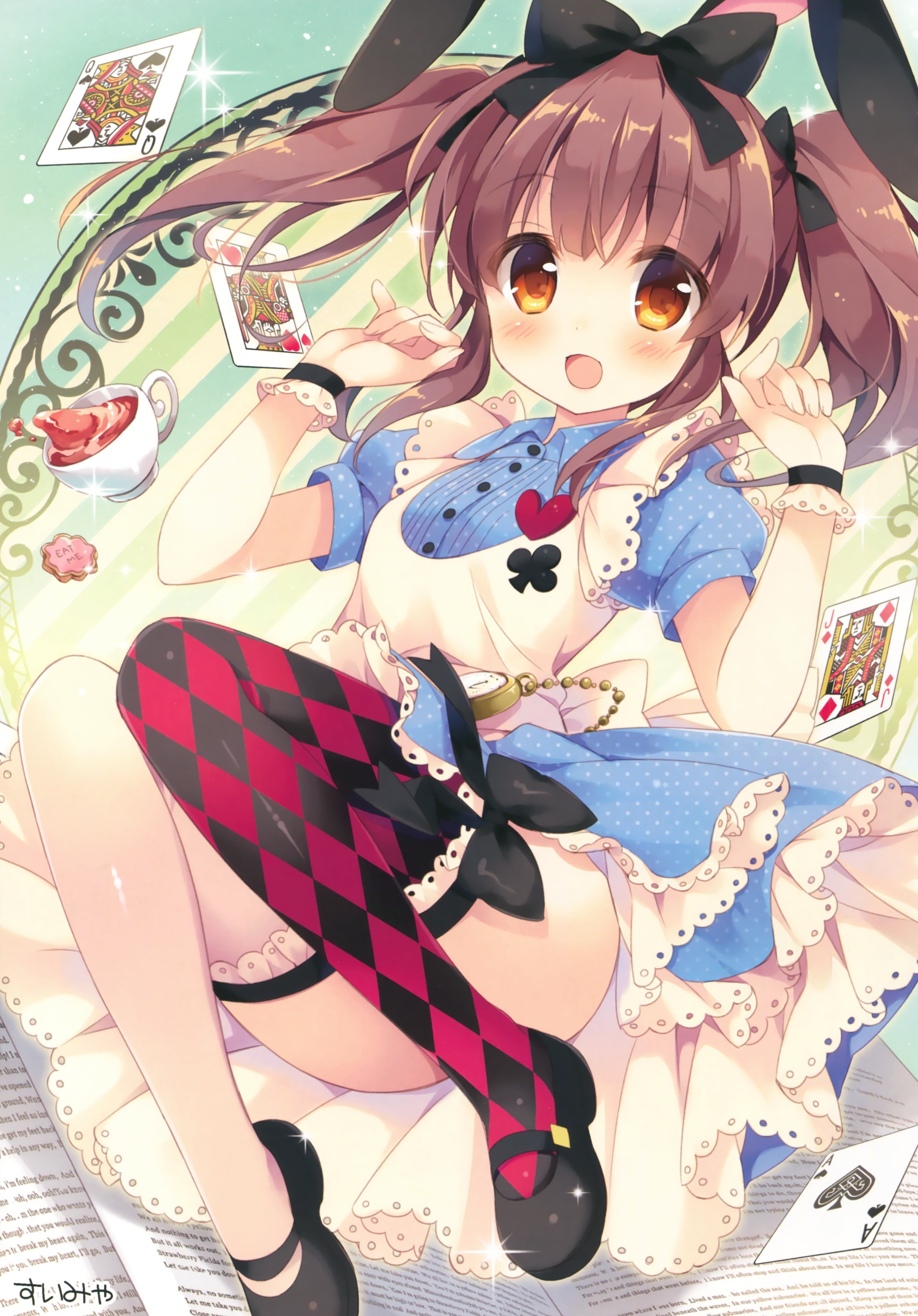 Anime 2303x3300 anime anime girls Alice in Wonderland THE iDOLM@STER THE iDOLM@STER: Cinderella Girls Ogata Chieri animal ears bunny ears dress long hair orange eyes cards thighs legs fantasy art playing cards stockings open mouth cup fantasy girl