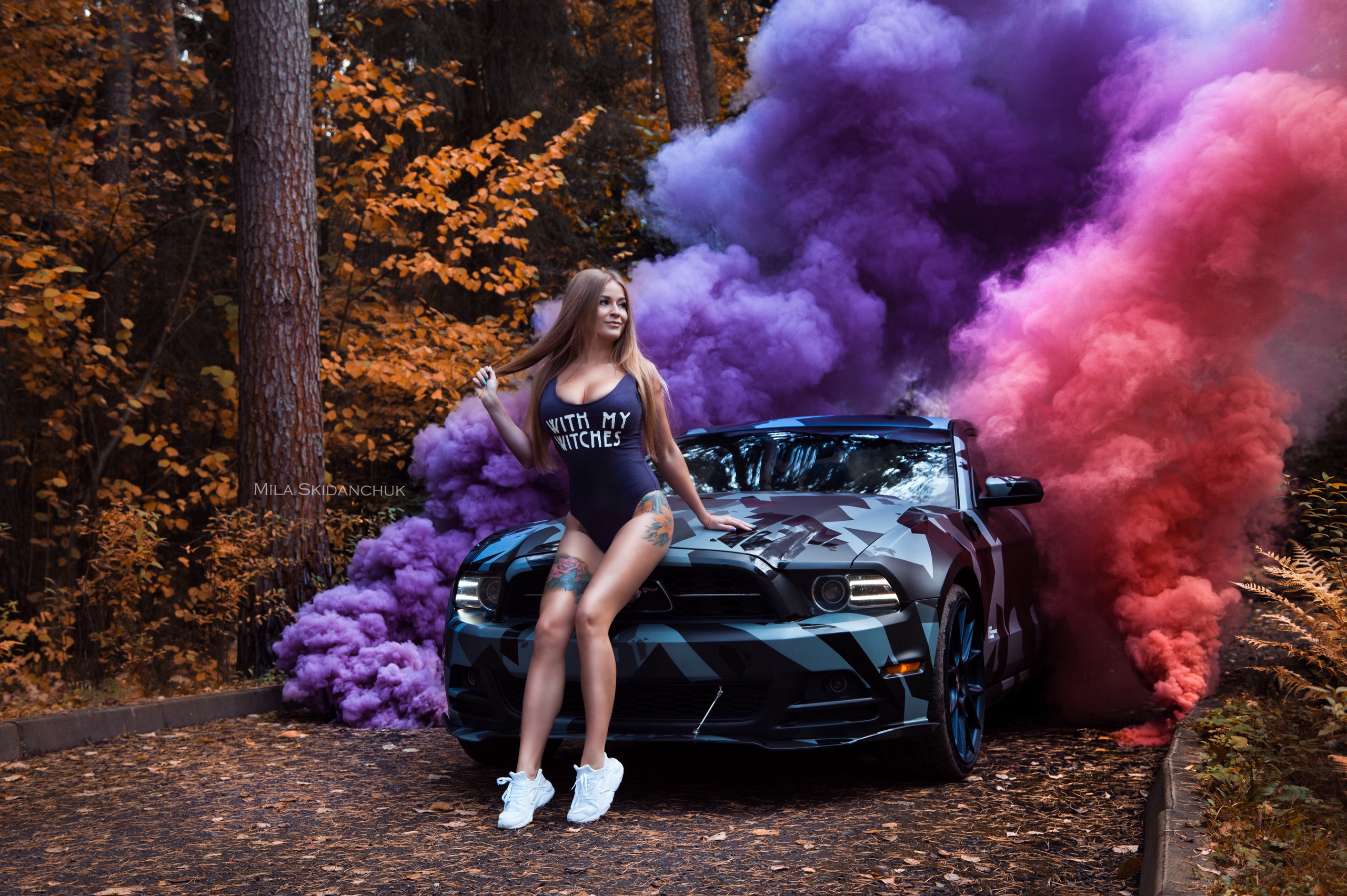 People 2560x1703 women monokinis tanned tattoo long hair smoke sneakers women outdoors women with cars smiling looking away painted nails trees Anna Kasparova holding hair Sonya Temnikova model cleavage no socks shoes white shoes white sneakers tiptoe car Ford Ford Mustang muscle cars American cars