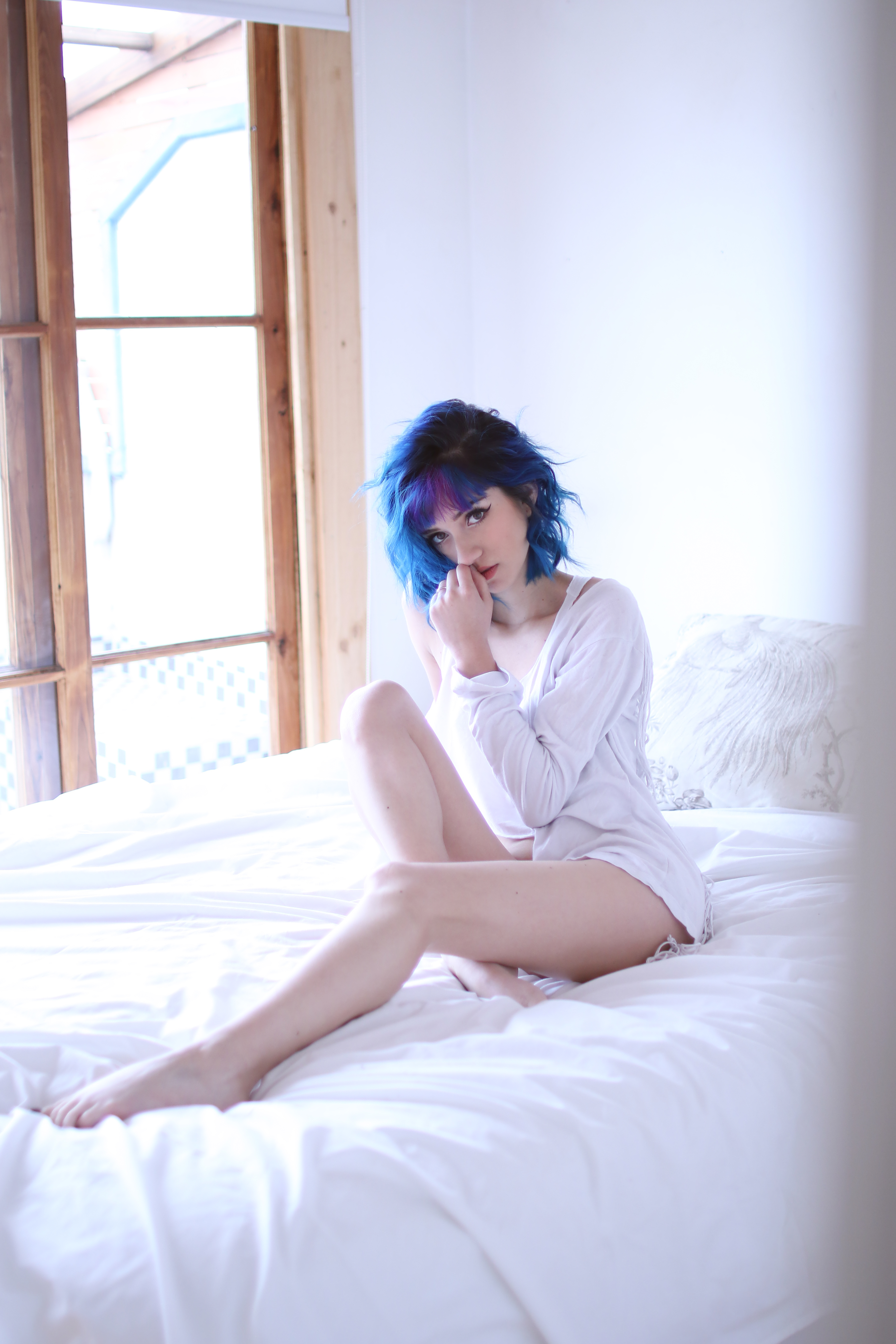 People 3648x5472 Fay Suicide model blue hair nose ring pierced nose Suicide Girls women barefoot Latinas Chilean Chilean women portrait display