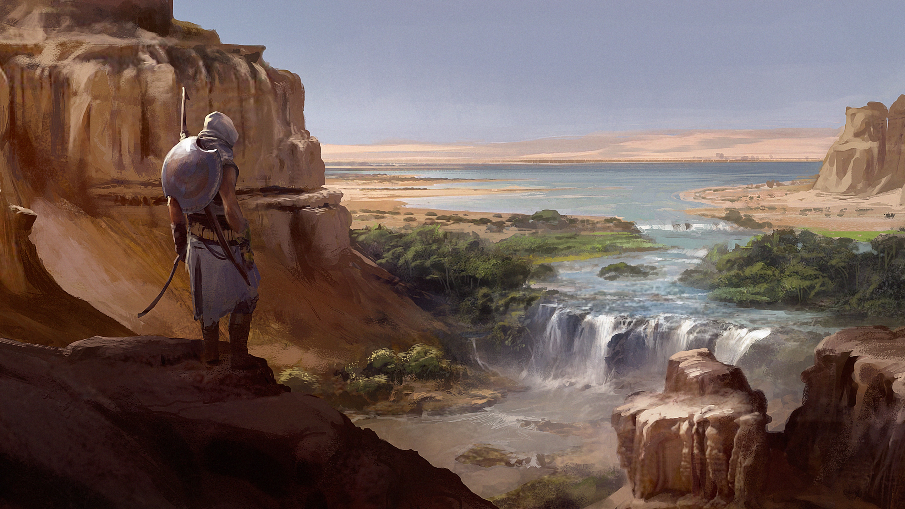 General 2880x1620 digital art artwork video games Assassin's Creed: Origins Assassin's Creed landscape river Bayek Egypt waterfall desert warrior Ubisoft