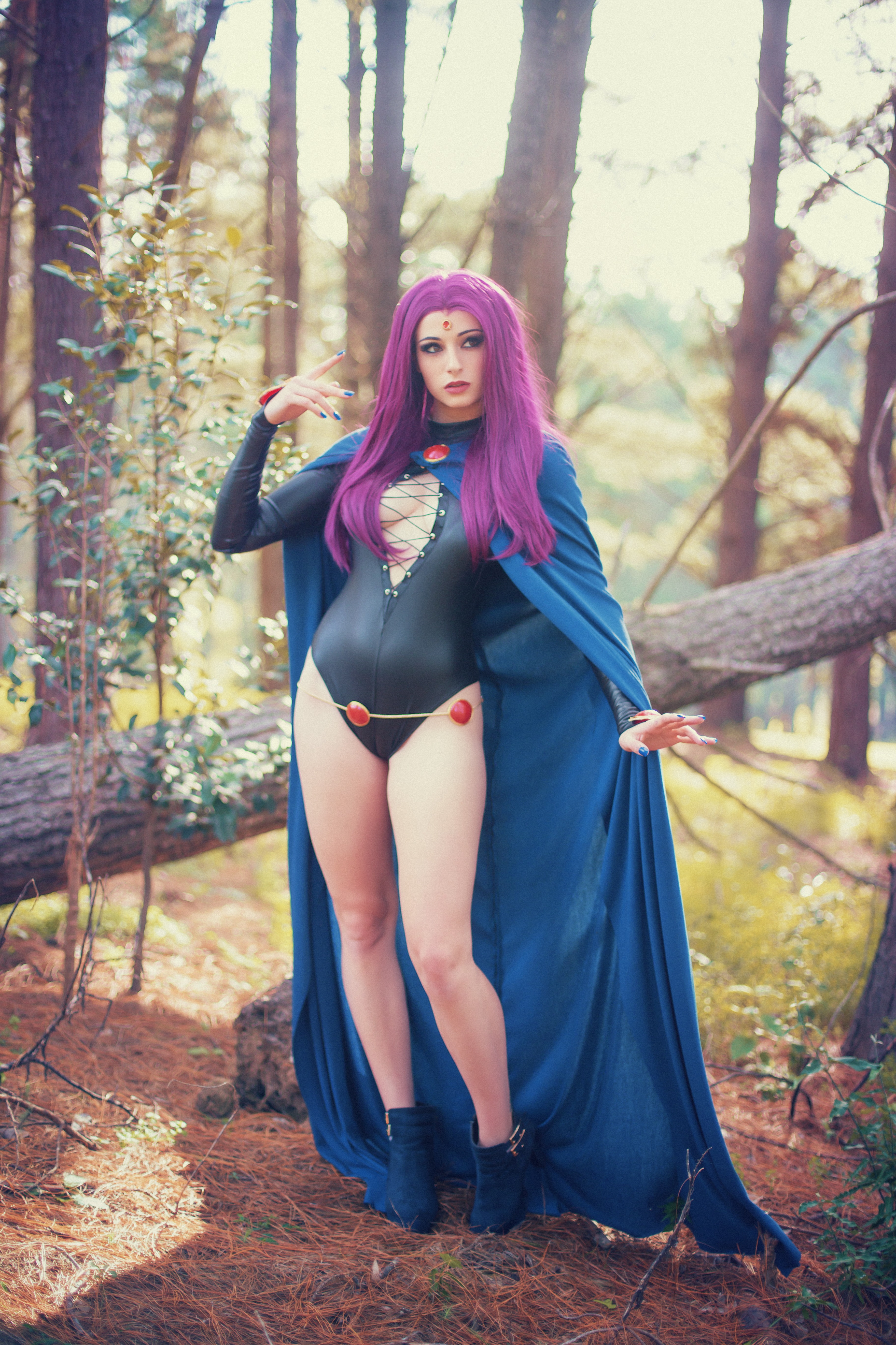 People 3648x5472 Kayla Erin model cosplay women outdoors Teen Titans Raven (DC Comics) DC Comics bodysuit cameltoe purple hair cape women