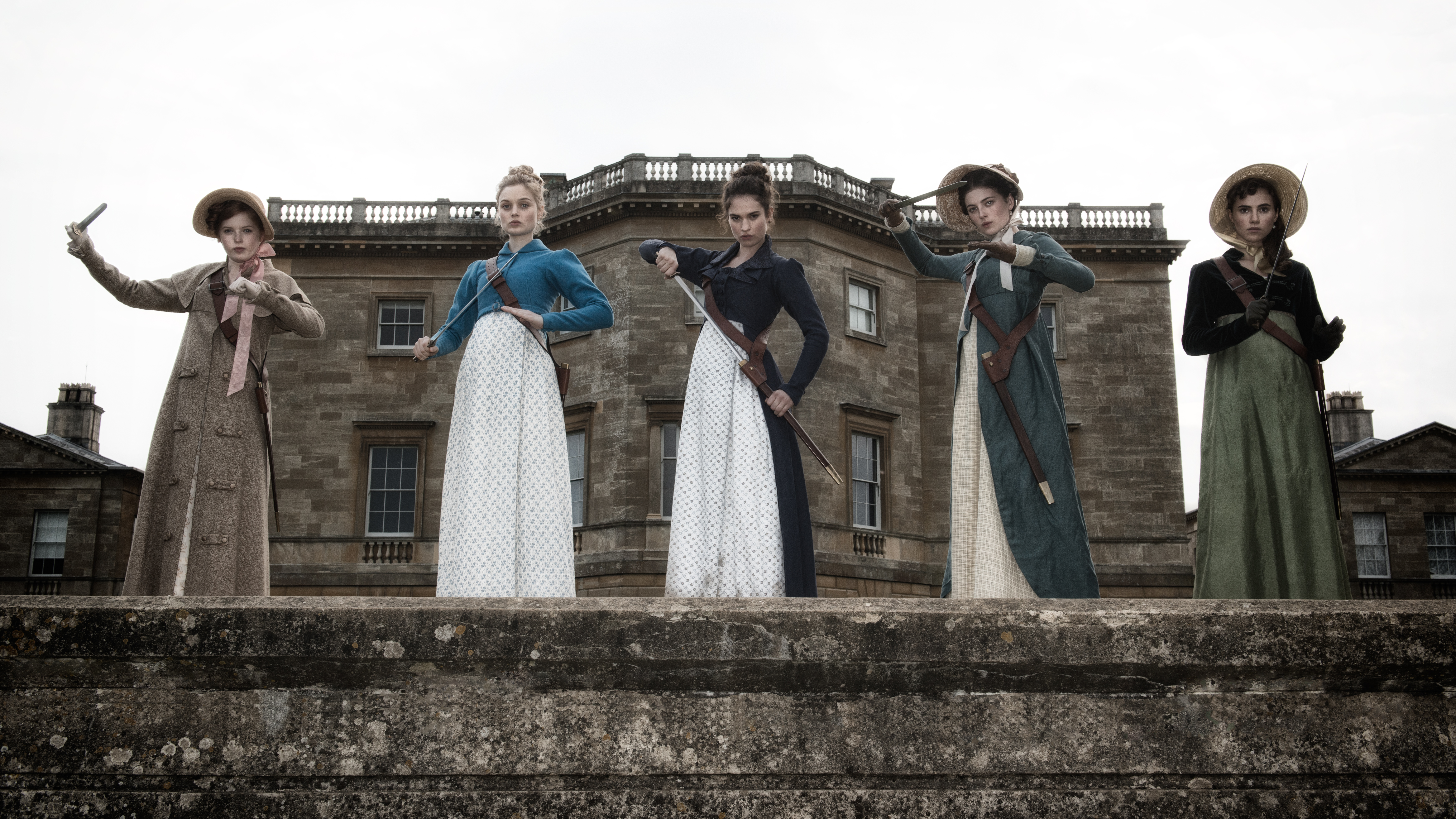 People 6976x3924 women Lily James actress Pride and Prejudice and Zombies group of women movies Bella Heathcote low-angle women with swords Australian