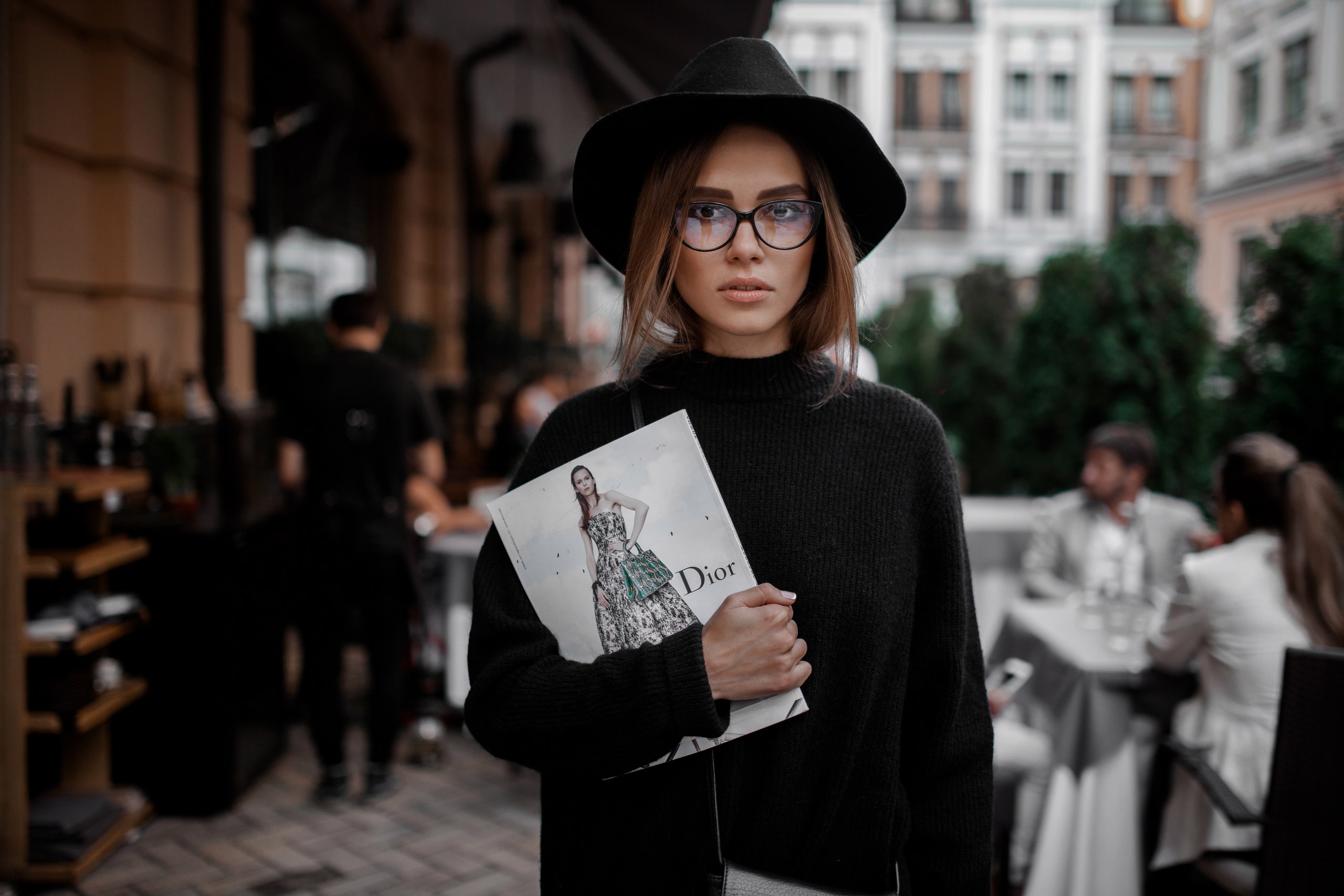 People 2560x1707 women women outdoors women with glasses hat brunette black clothing face portrait Alisa Sukhoyvan dark eyes Artem Galkevich Dior