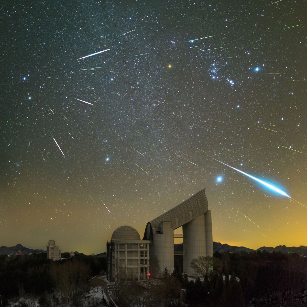 General 1200x1200 architecture building nature landscape trees telescope astronomy meteors geminids long exposure night clear sky stars observatory China LAMOST Geminid meteor shower Xinglong National Astronomical Observatory Hebei Province