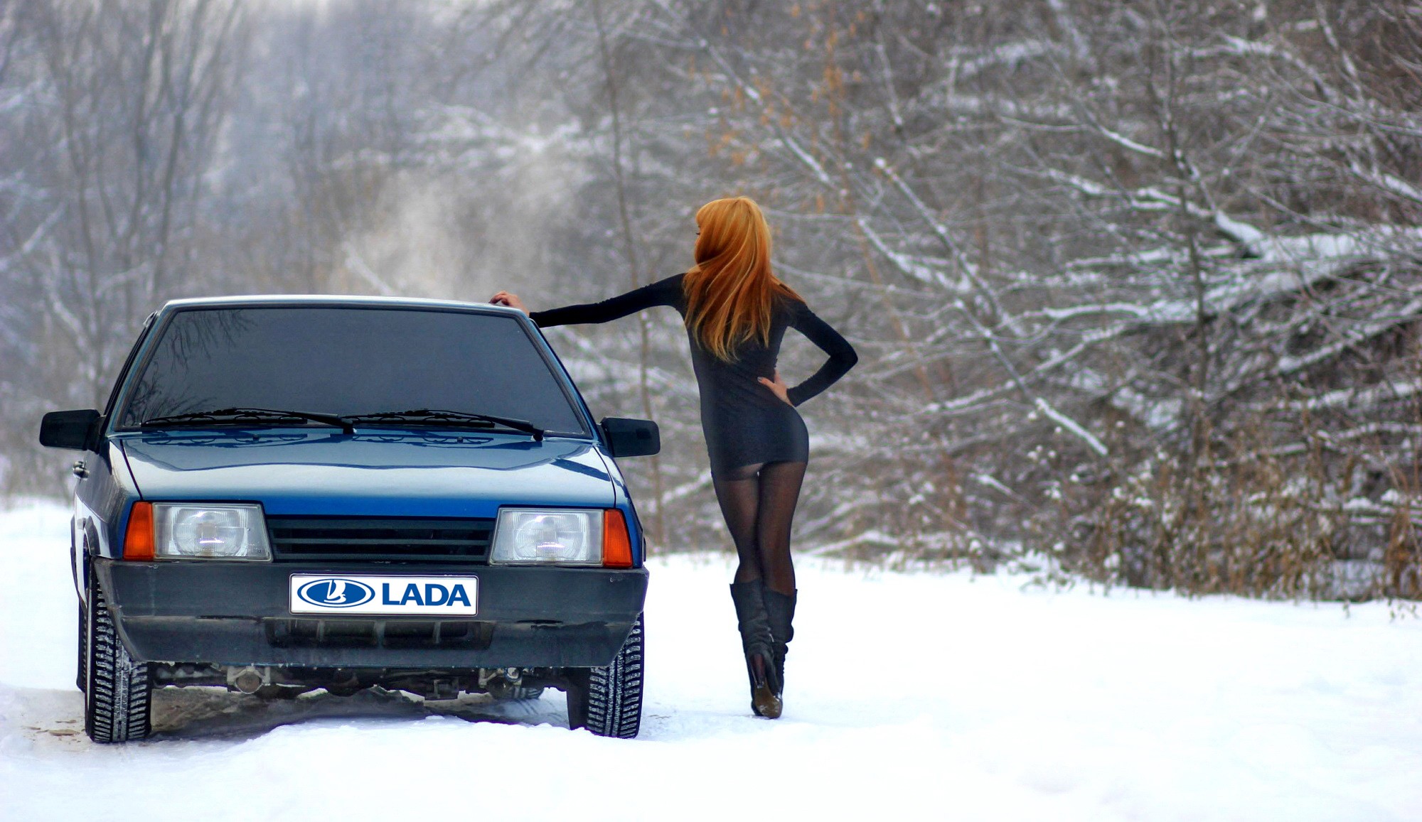 People 2000x1157 women snow LADA redhead car long hair women outdoors hands on hips pantyhose