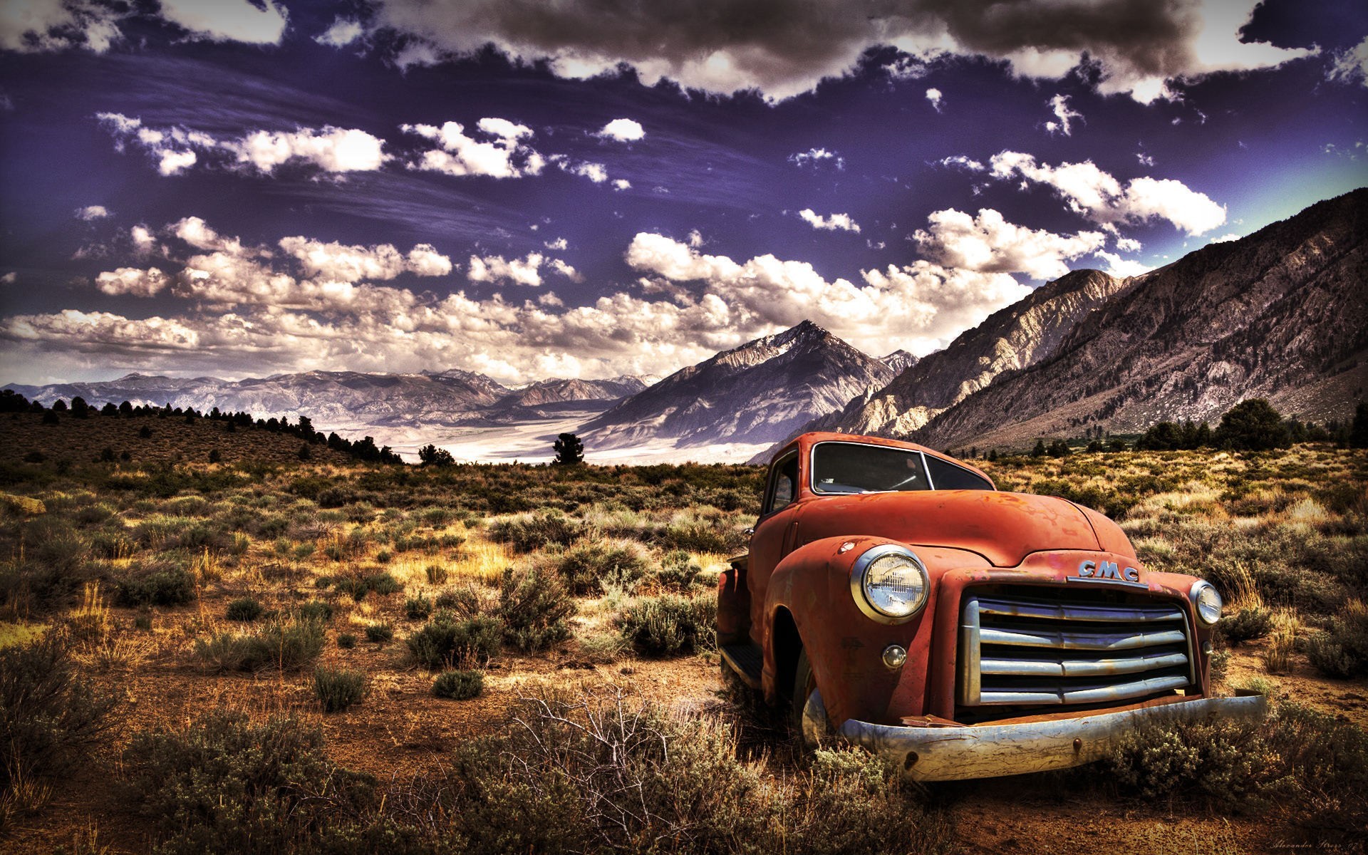 General 1920x1200 landscape nature HDR mountains sky car vehicle clouds old car shrubs GMC