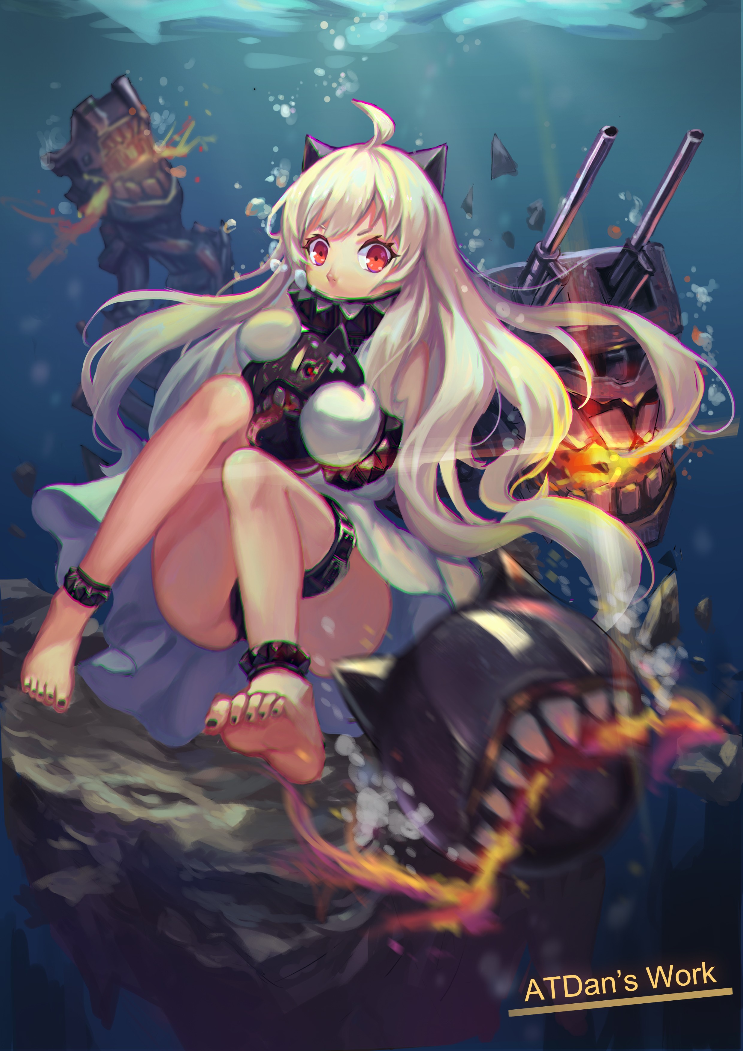 Anime 2480x3507 anime girls Northern Ocean Hime Kantai Collection anime Pixiv legs painted toenails long hair blonde underwater red eyes knees together