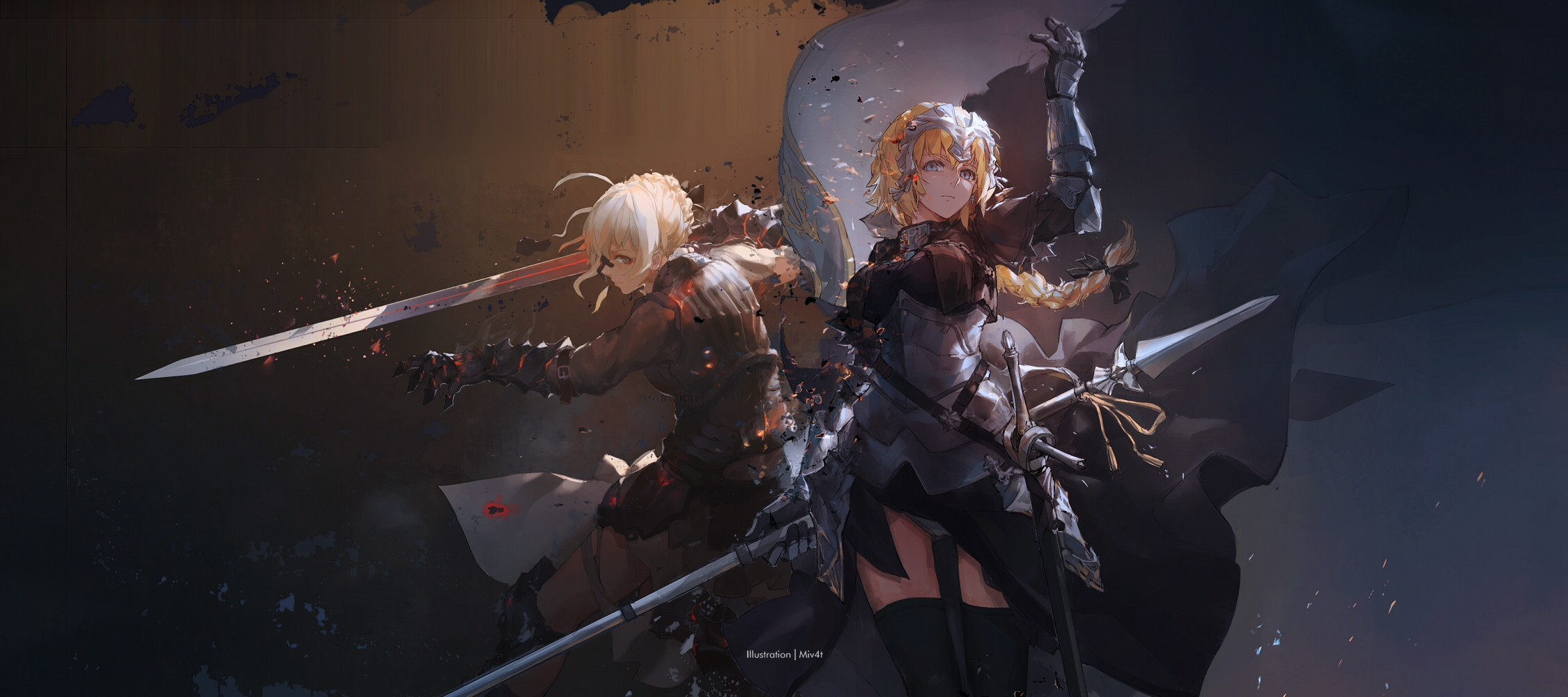 Anime 2250x1000 anime girls Saber Alter Fate series long hair armor Fate/Apocrypha  Fate/Grand Order Fate/Stay Night fate/stay night: heaven's feel 2D big boobs thighs black stockings female warrior Excalibur braided hair Miv4t green eyes blue eyes fighting Ruler (Fate/Apocrypha) Jeanne d'Arc (Fate) fan art spear sword blonde Artoria Pendragon