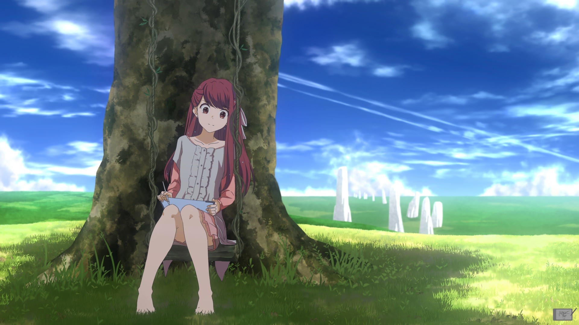 Anime 1920x1080 clouds dress barefoot grass trees Rin (Shelter) pink hair white dress tablet  swings Shelter (anime music video)