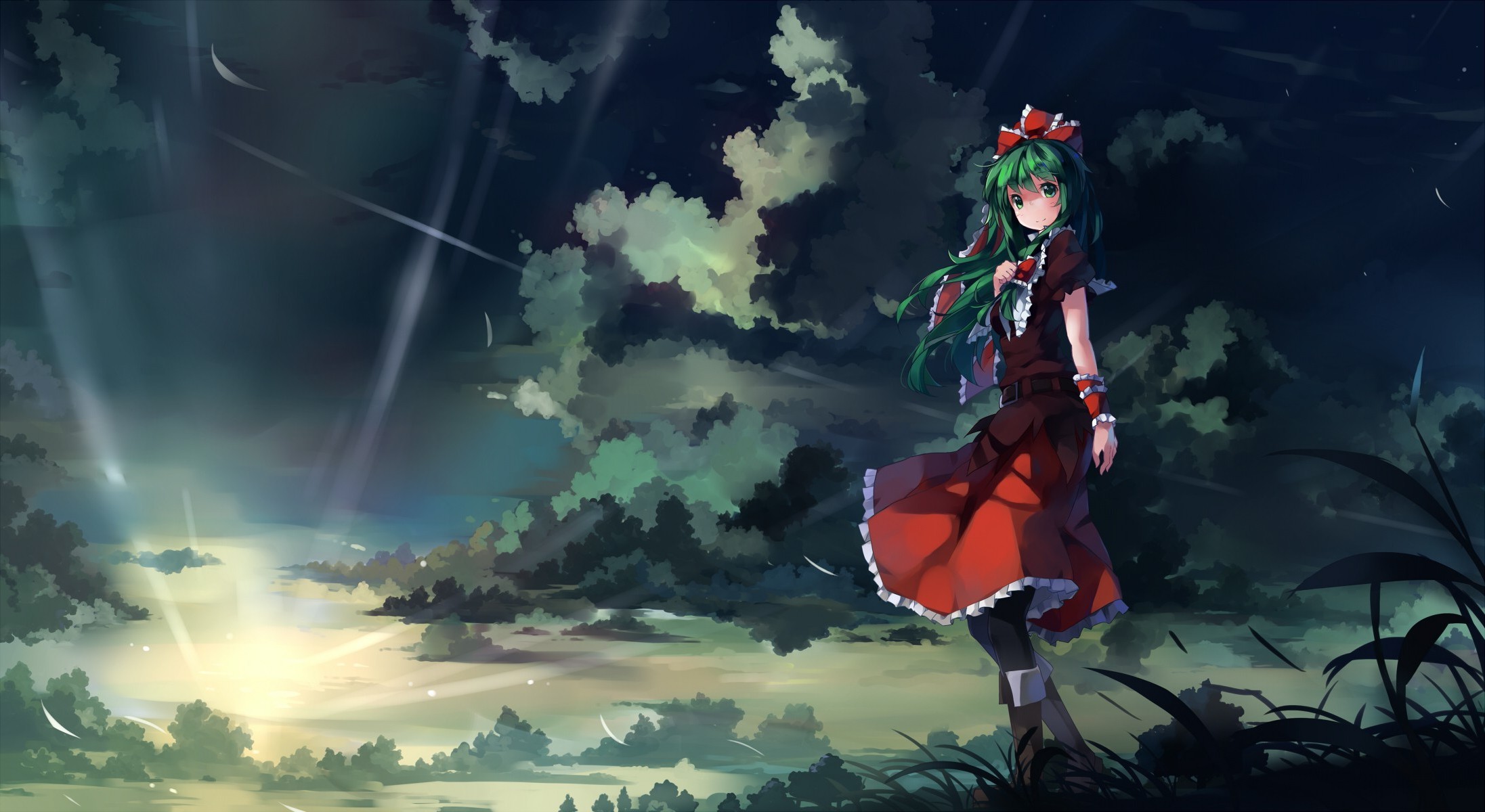 Anime 2193x1200 clouds green eyes green hair red dress anime girls wind leaves sky sunlight hair blowing in the wind looking at viewer smiling standing