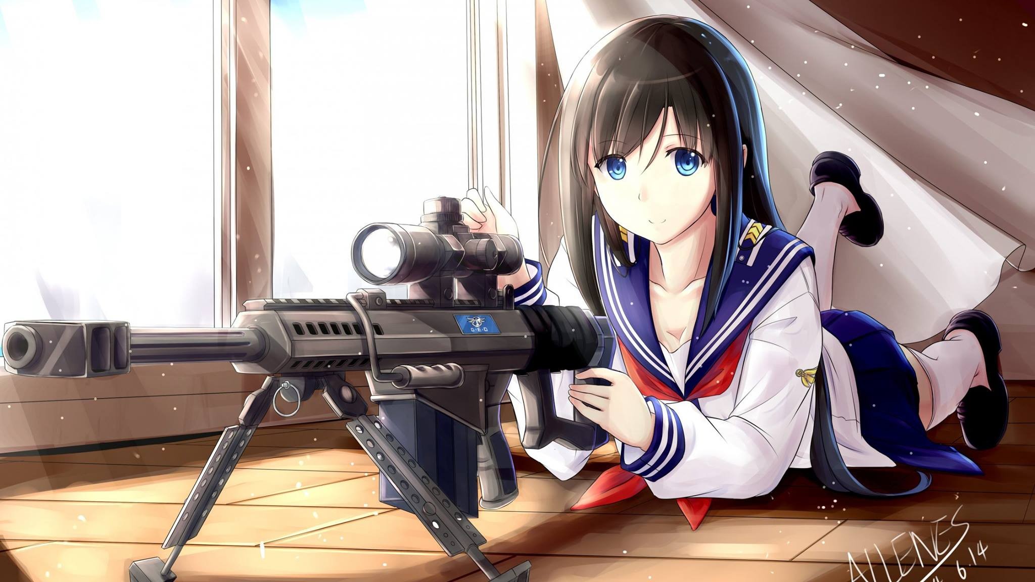 Anime 2048x1152 anime anime girls snipers gun assassins  blue eyes sniper rifle Barrett .50 Cal schoolgirl school uniform brunette sailor uniform artwork Allenes telescopic sight