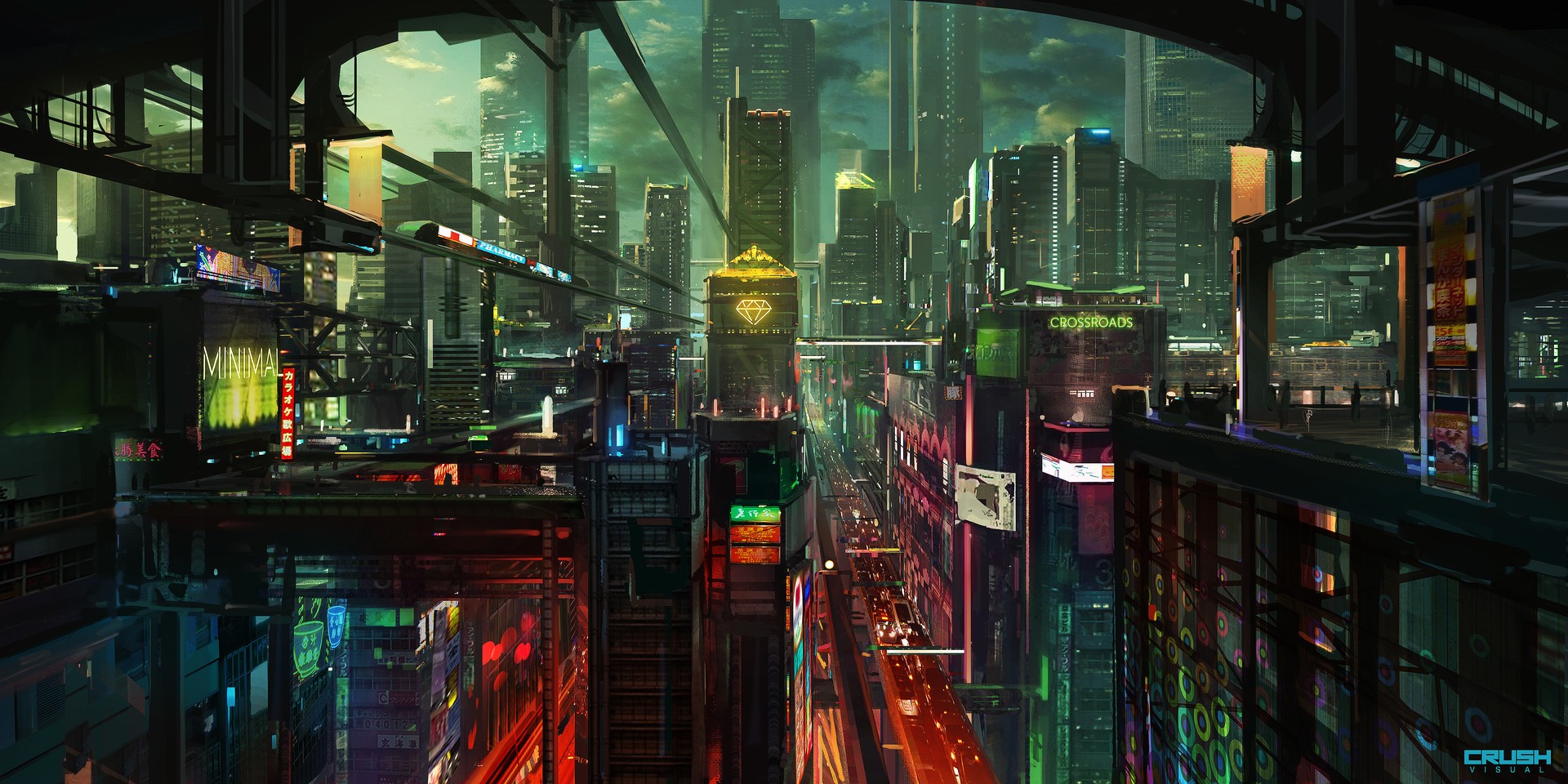 General 1920x960 cyberpunk city night skyscraper lights