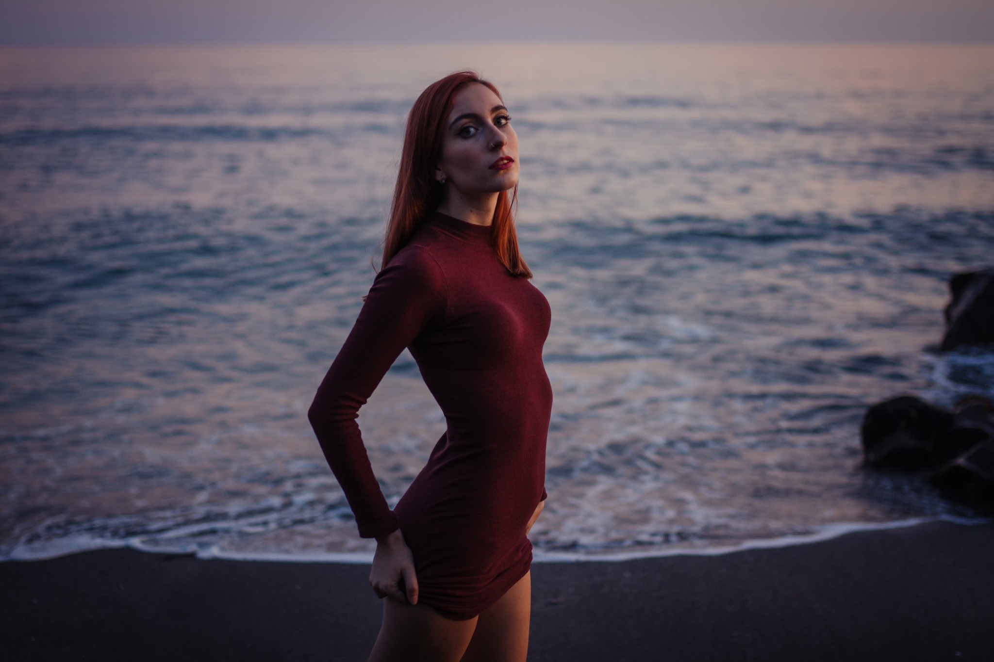 People 2048x1365 women portrait sea sand redhead Daniel Muñoz dress women on beach women outdoors beach outdoors water boobs slim body dyed hair red lipstick model standing looking at viewer red clothing red dress long hair