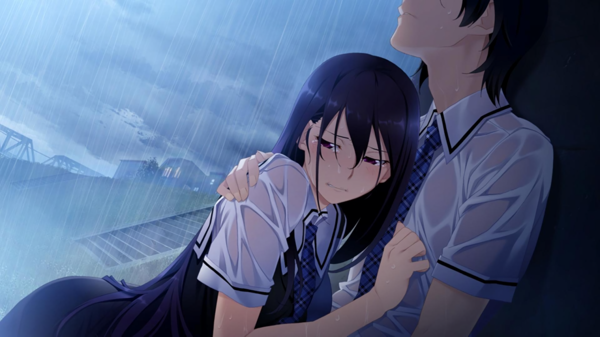 Anime 1920x1080 Grisaia no Kajitsu Kazami Yuuji Sakaki Yumiko rain wet clothing