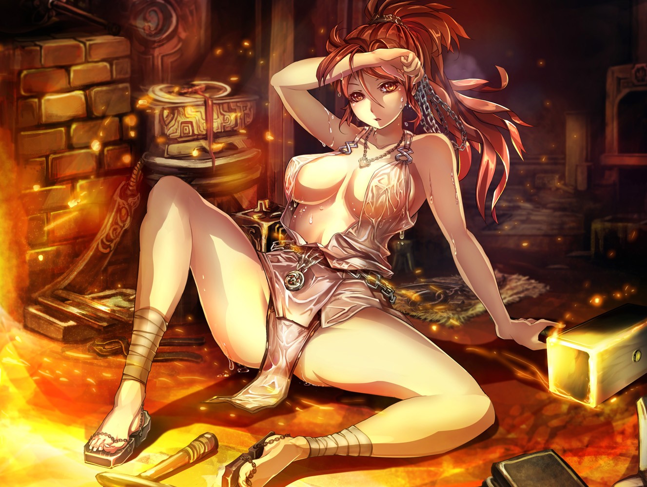 Anime 1327x1000 boobs chains long hair necklace ponytail red eyes redhead spread legs wet clothing