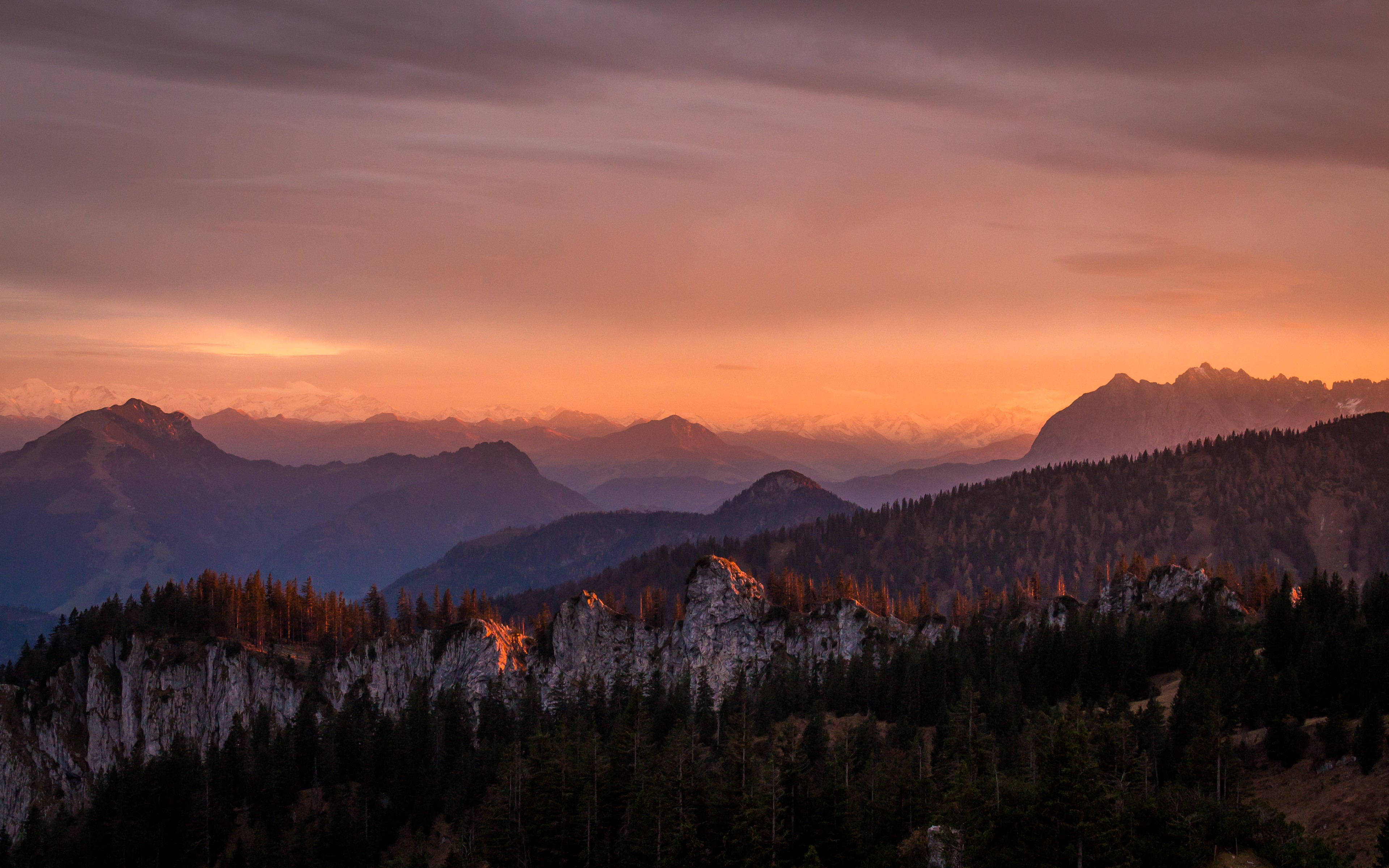 General 3840x2400 landscape mountains sunset forest low light