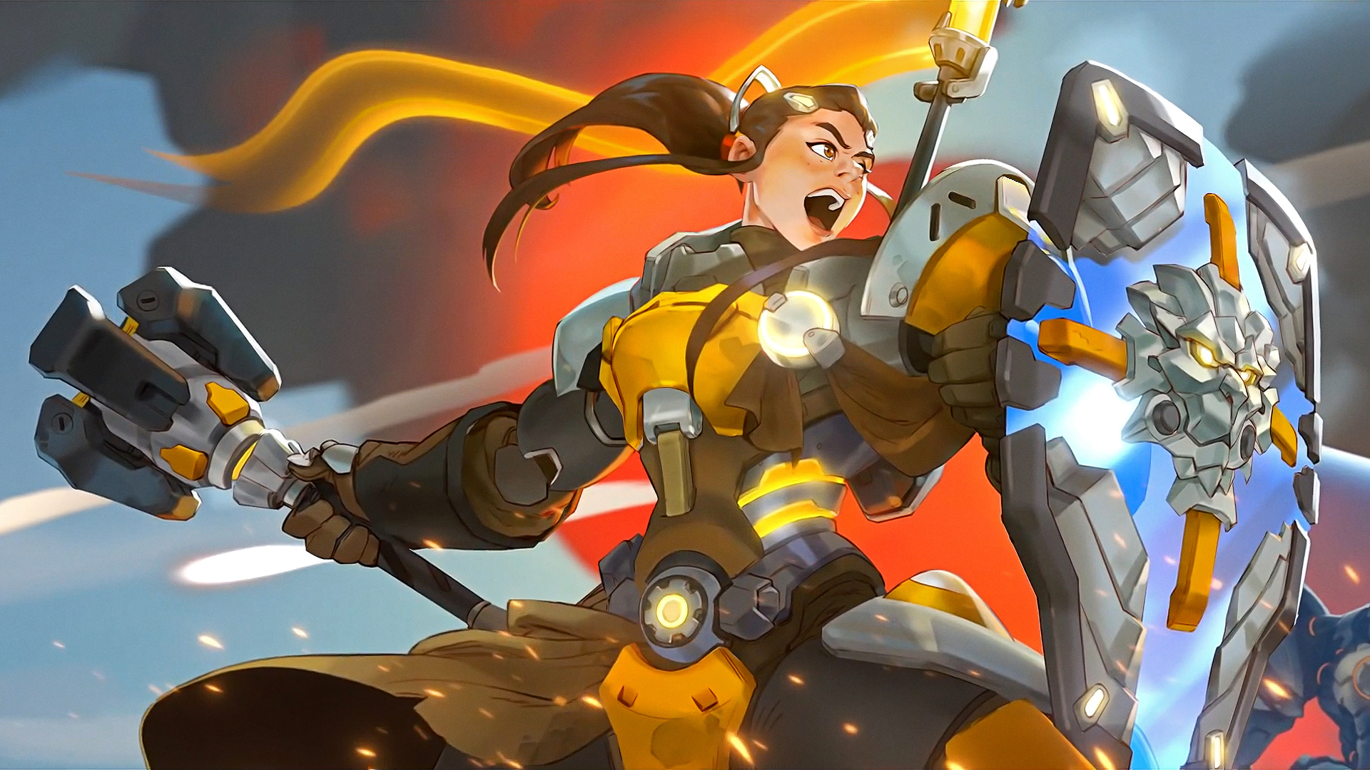 General 1920x1080 Overwatch Brigitte (Overwatch) shield video game characters video games armor mace flag brunette freckles open mouth female warrior long hair video game art standing video game girls weapon