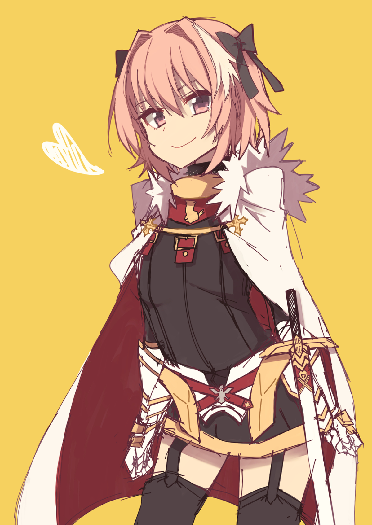 Anime 1200x1695 Fate series Fate/Apocrypha  anime boys pink hair yellow background 2D two tone hair smiling femboy black dress sword gauntlets black stockings garter straps curvy thighs simple background long hair bangs Astolfo (Fate/Apocrypha) pink eyes black ribbons looking at viewer hair in face anime portrait display fan art Fate/Grand Order