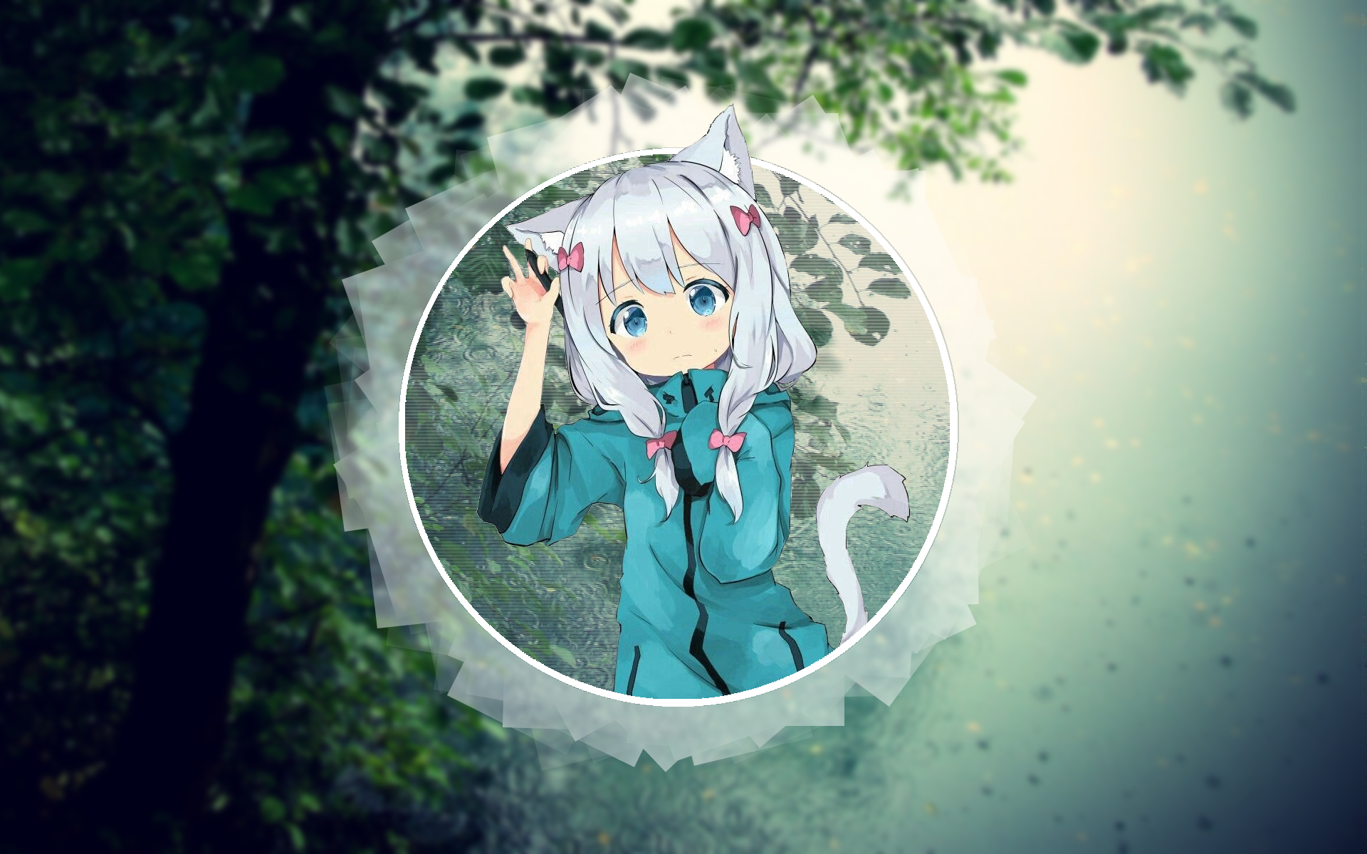 Anime 1920x1200 anime anime girls picture-in-picture Izumi Sagiri cat girl fan art blurred blue eyes pale forest landscape white hair