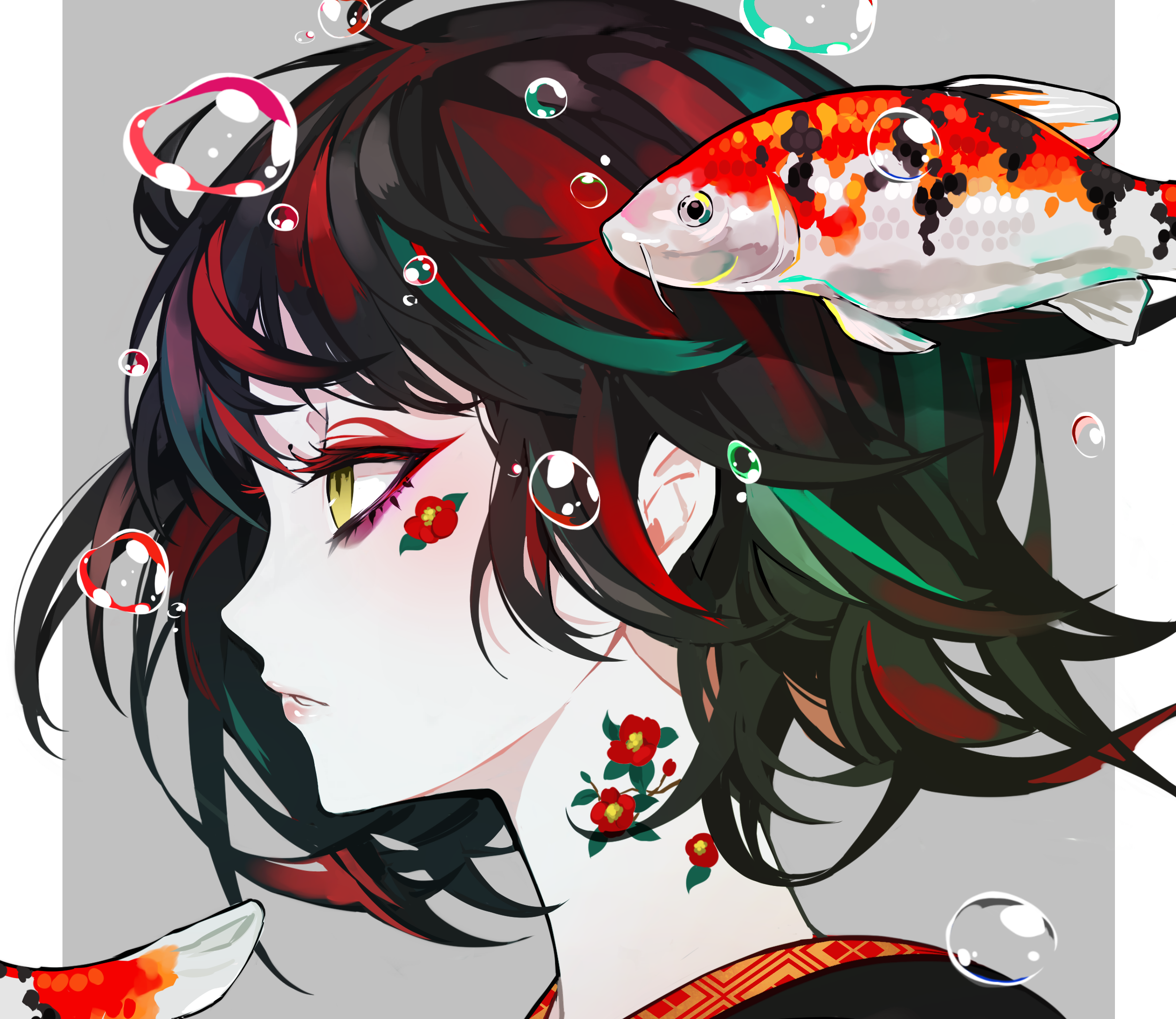 Anime 2504x2168 anime anime girls colorful face fish green eyes portrait profile bubbles