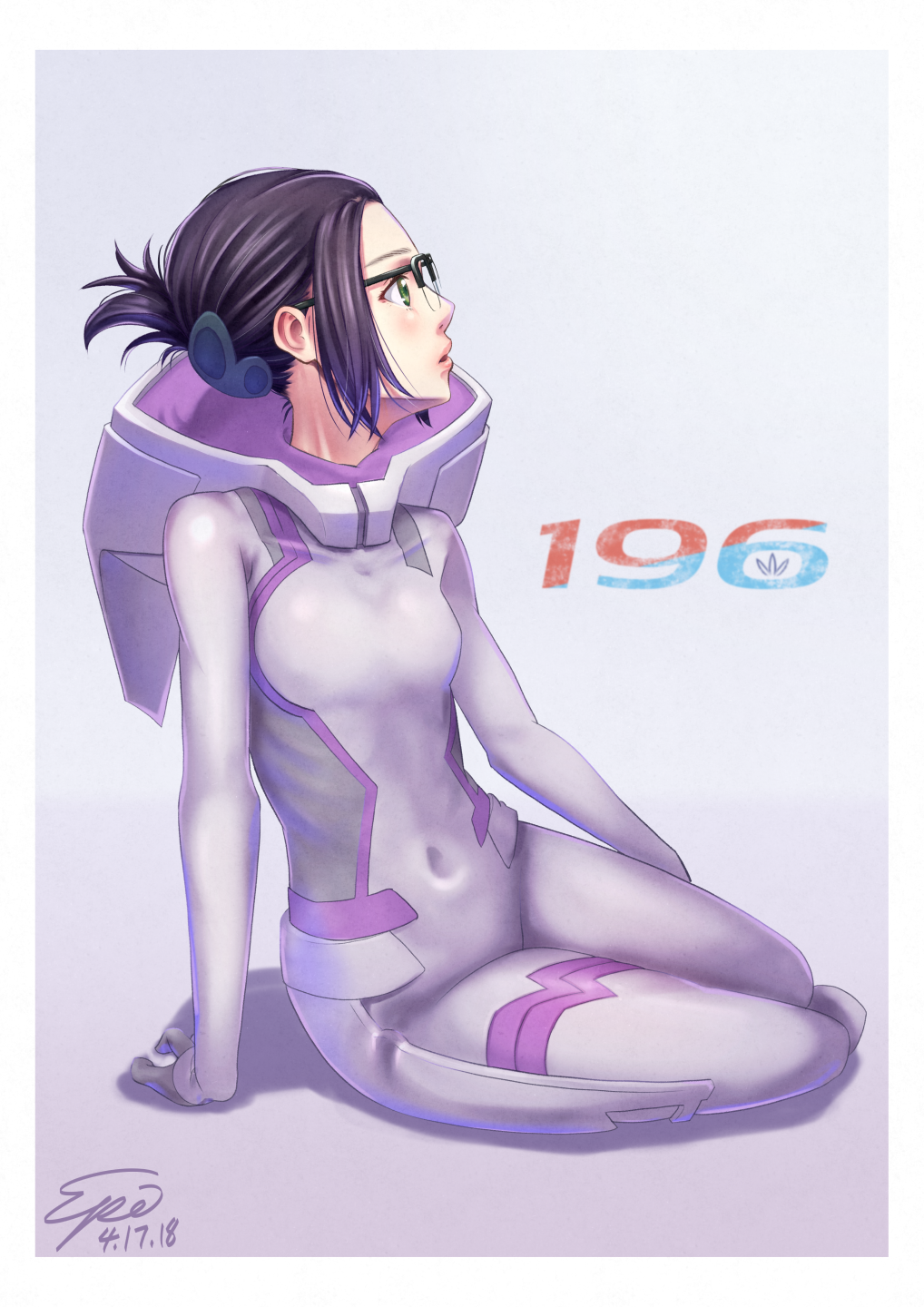 Anime 1018x1440 Darling in the FranXX anime girls Code:196 (Ikuno) plugsuit small boobs bodysuit long hair hair in face meganekko thighs the gap 2D green eyes belly button BellySister tight clothing fan art anime purple hair women with glasses open mouth looking up blushing portrait display