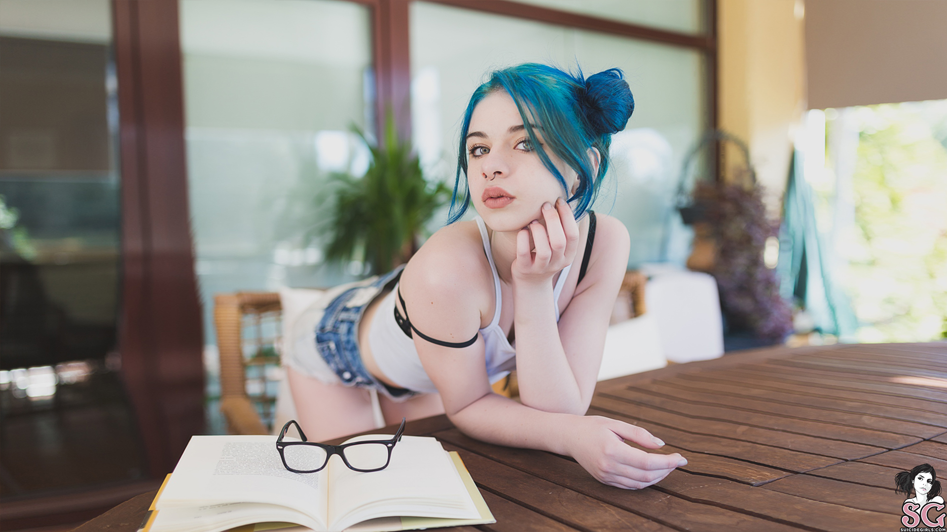 People 1920x1080 Suicide Girls Kuroha Suicide pornstar women nose ring women with glasses bent over dyed hair table books blue hair closeup watermarked