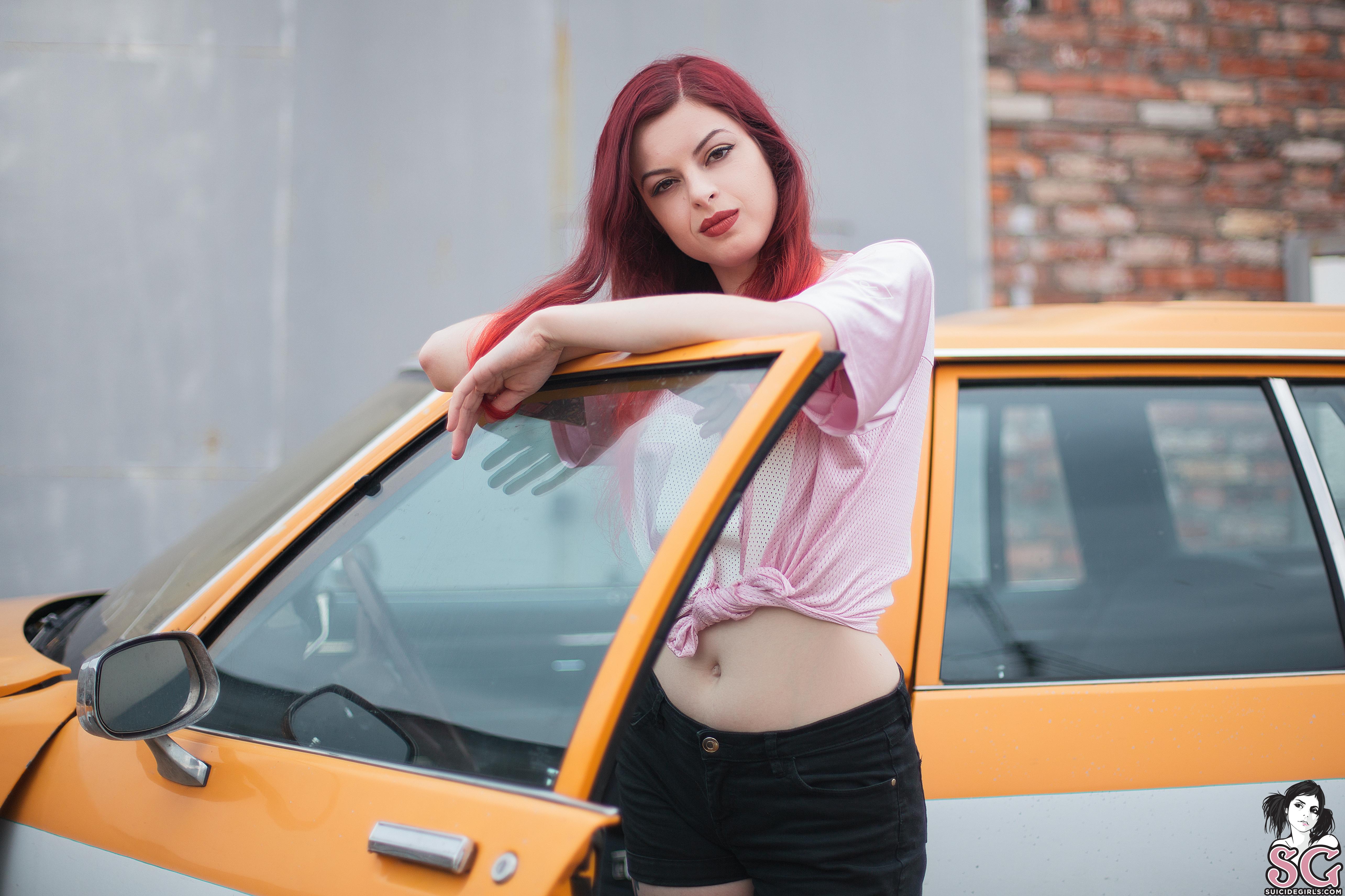 People 5137x3424 alisakisar suicide Suicide Girls tattoo outdoors model dyed hair yellow cars red lipstick women T-shirt redhead women with cars