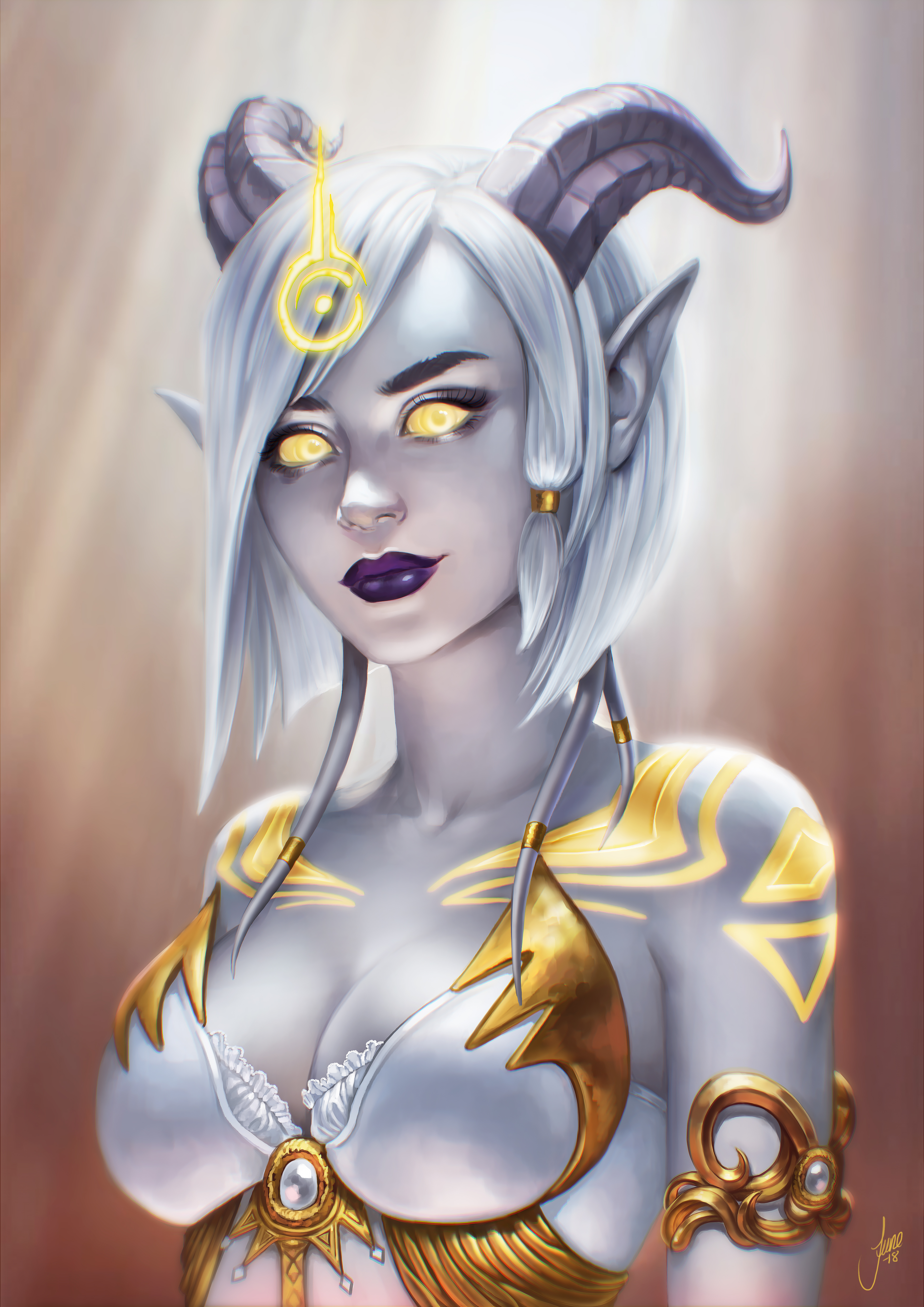 General 3508x4961 draenei World of Warcraft fantasy girl glowing eyes horns PC gaming fantasy art yellow eyes