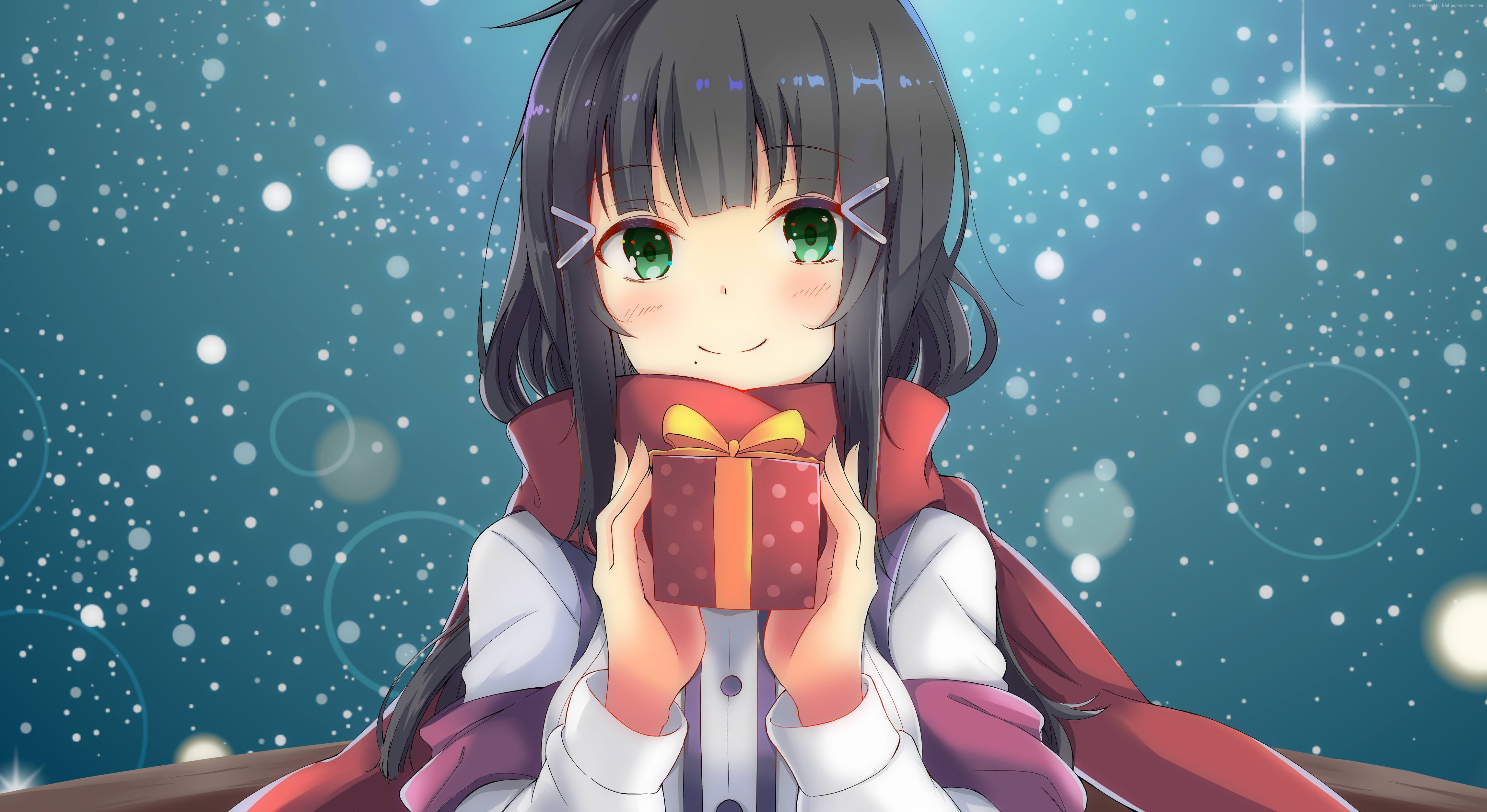 Anime 4588x2507 anime anime girls green eyes presents Christmas dark hair snow