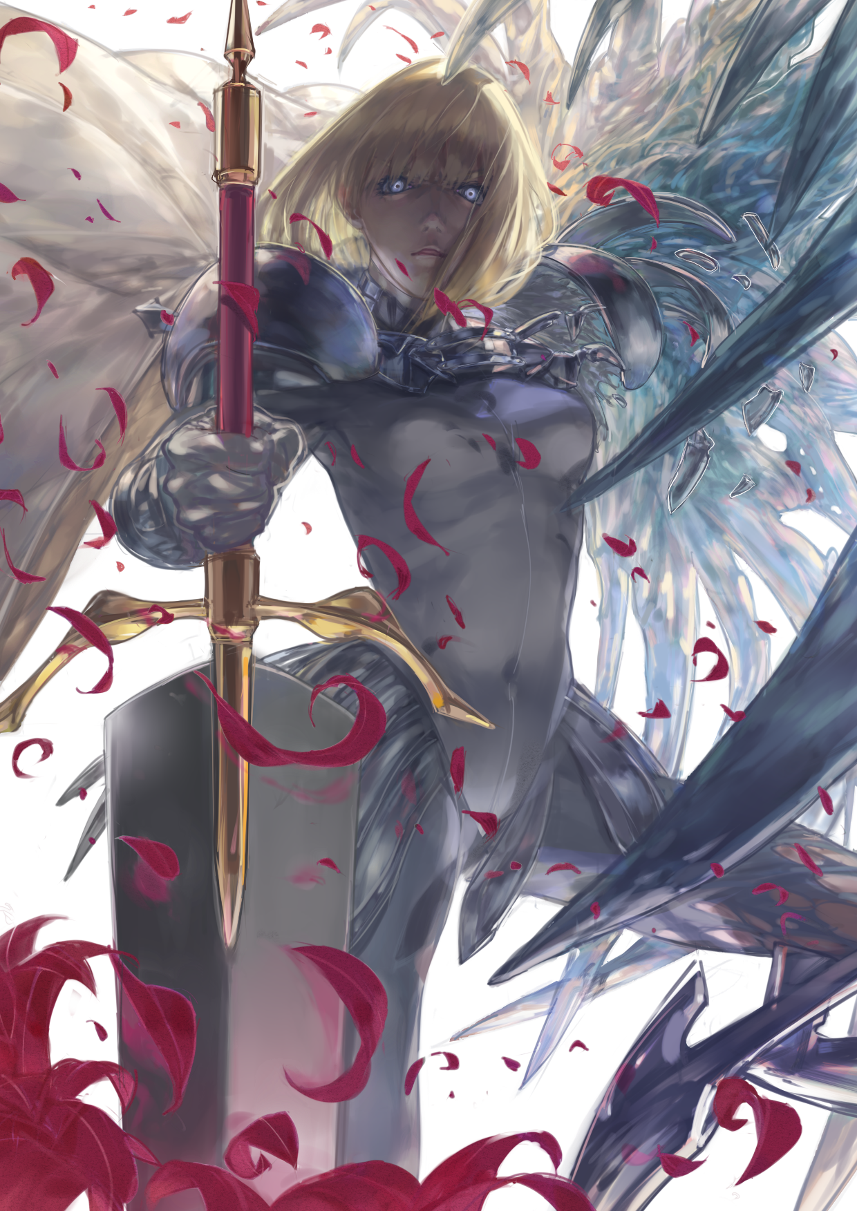 Anime 1240x1753 Claymore (anime) anime girls Clare women with swords monster girl small boobs short hair 2D fan art armor looking at viewer blonde