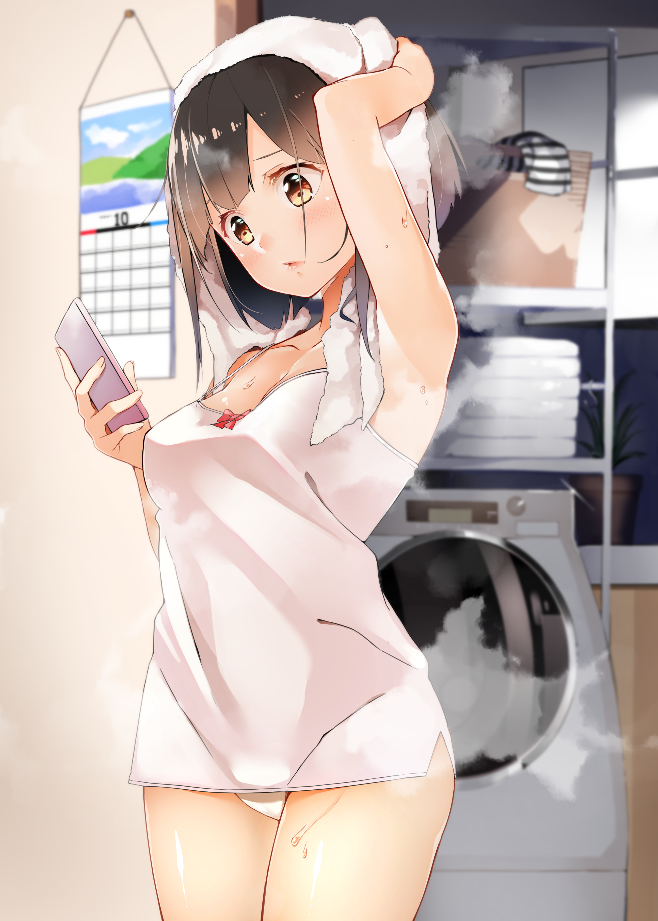 Anime 2591x3624 original characters panties smartphone wet body camisole brunette anime girls artwork Byte