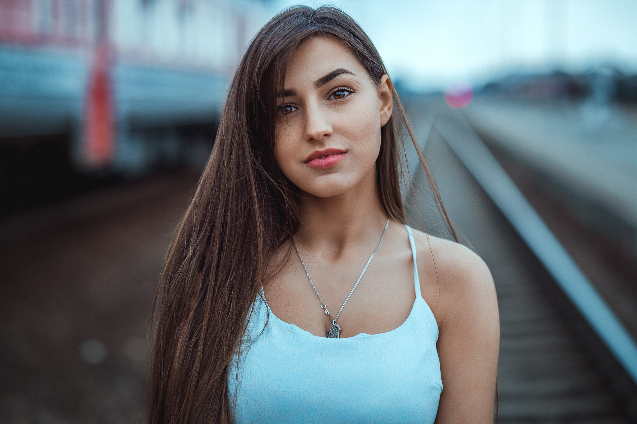 People 2048x1365 women face necklace long hair portrait women outdoors railway brunette tank top brown eyes silver necklace