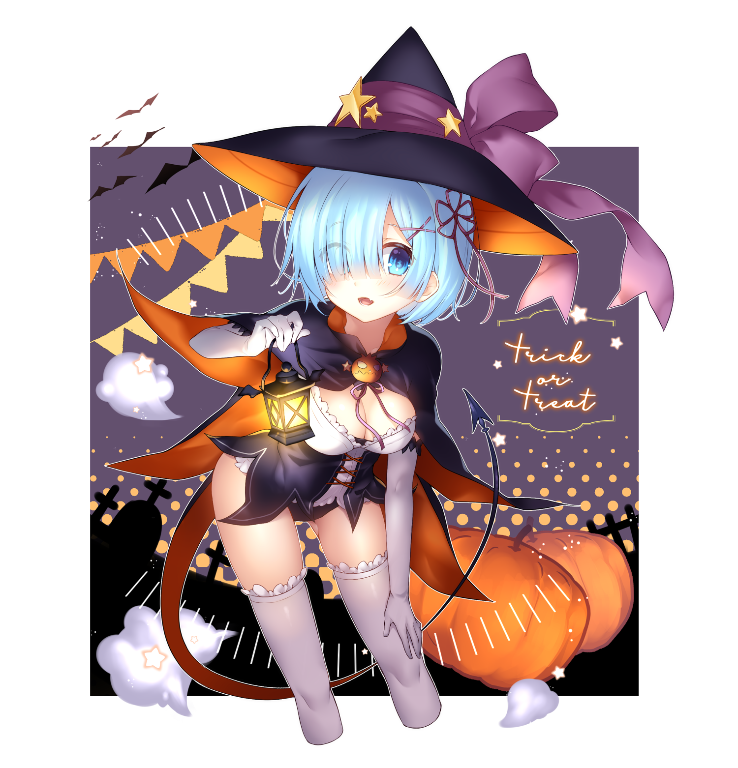 Anime 1500x1562 Halloween witch hat hat witch pumpkin Re:Zero Kara Hajimeru Isekai Seikatsu Rem (Re:Zero) tail thigh-highs lantern white background