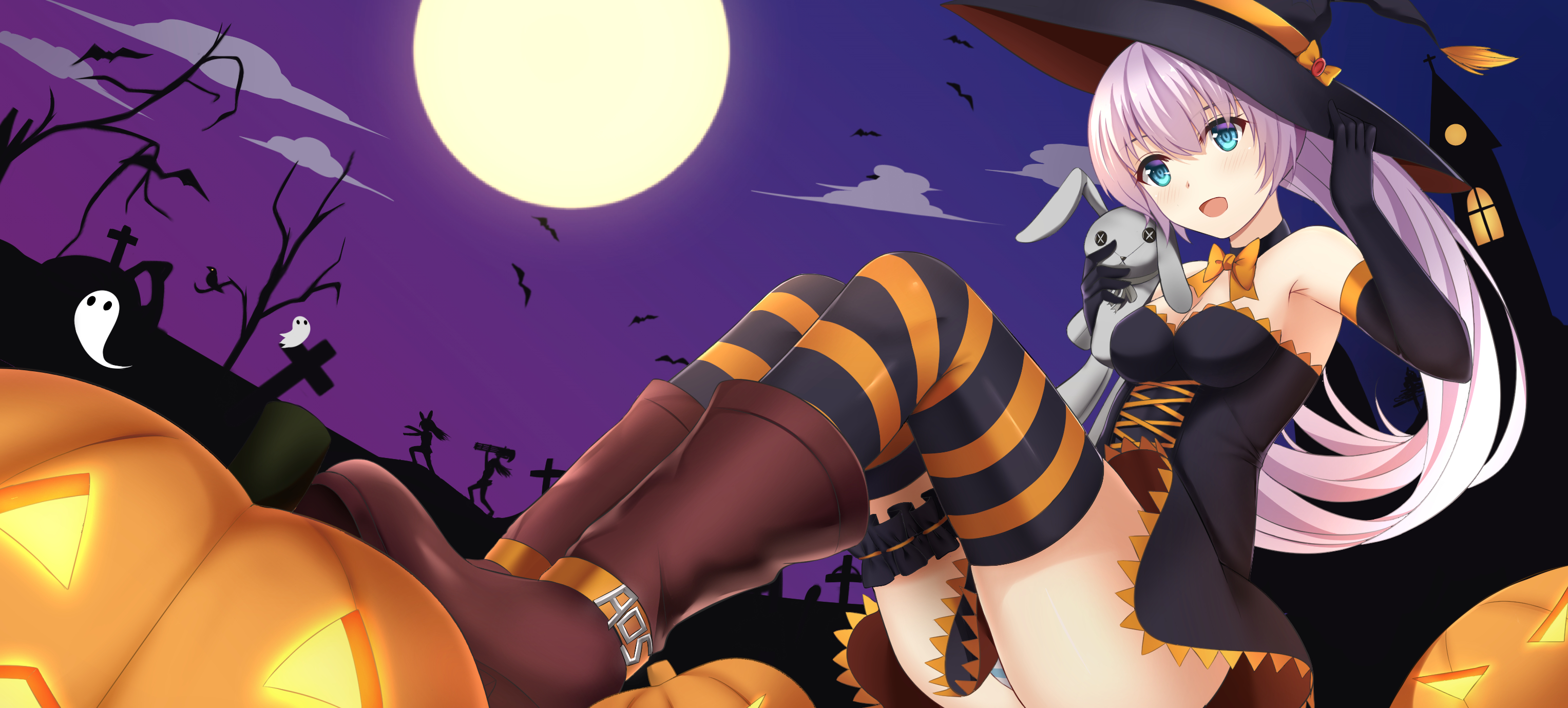 Anime 3054x1379 pumpkin witch hat hat witch Halloween dress panties striped panties thigh-highs