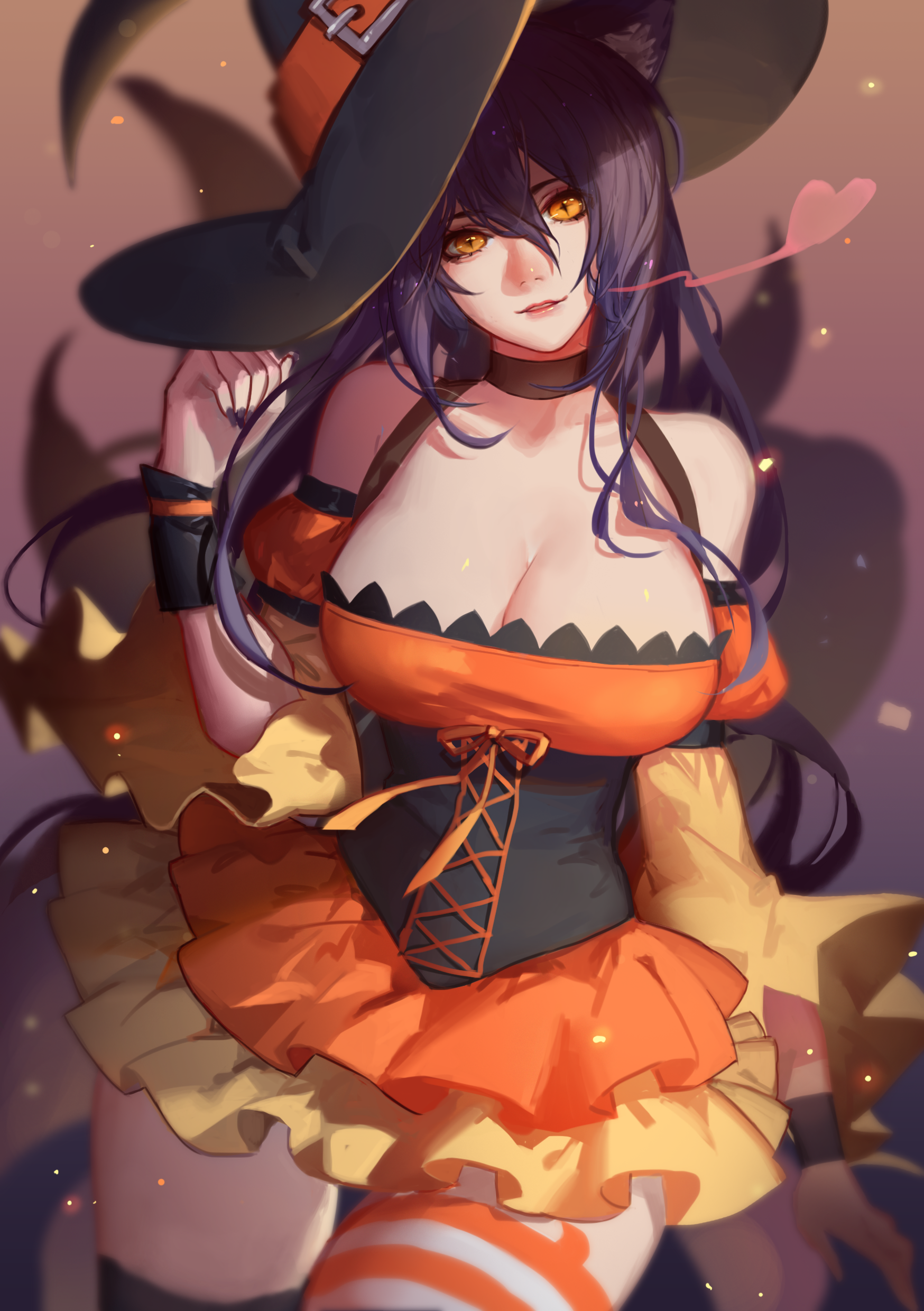 Anime 1748x2480 Halloween witch hat hat simple background boobs Ahri (League of Legends) cleavage dress League of Legends thighs thigh-highs witch anime
