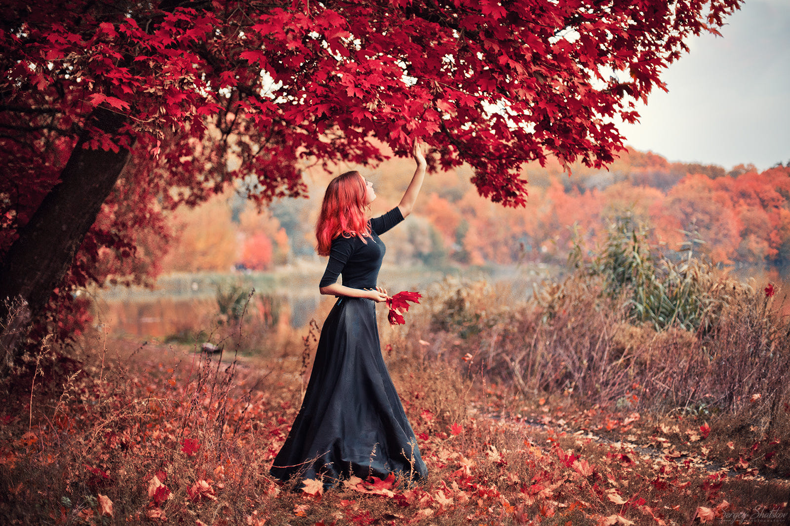 People 1600x1067 women redhead women outdoors trees leaves dress fall black dress long hair standing Sergey Shatskov Alena Barinova
