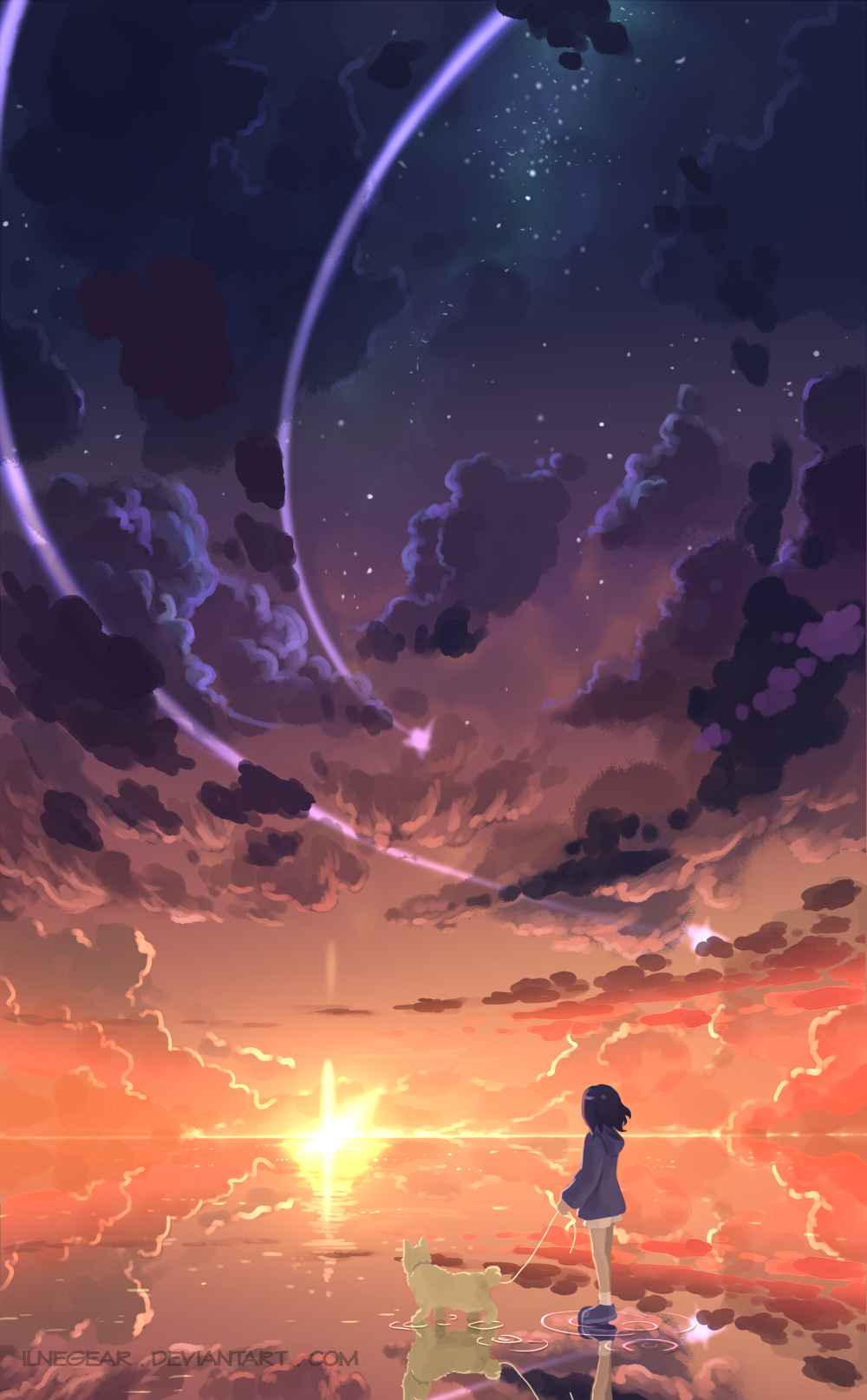 Anime 1000x1614 digital art sunset meteors portrait display
