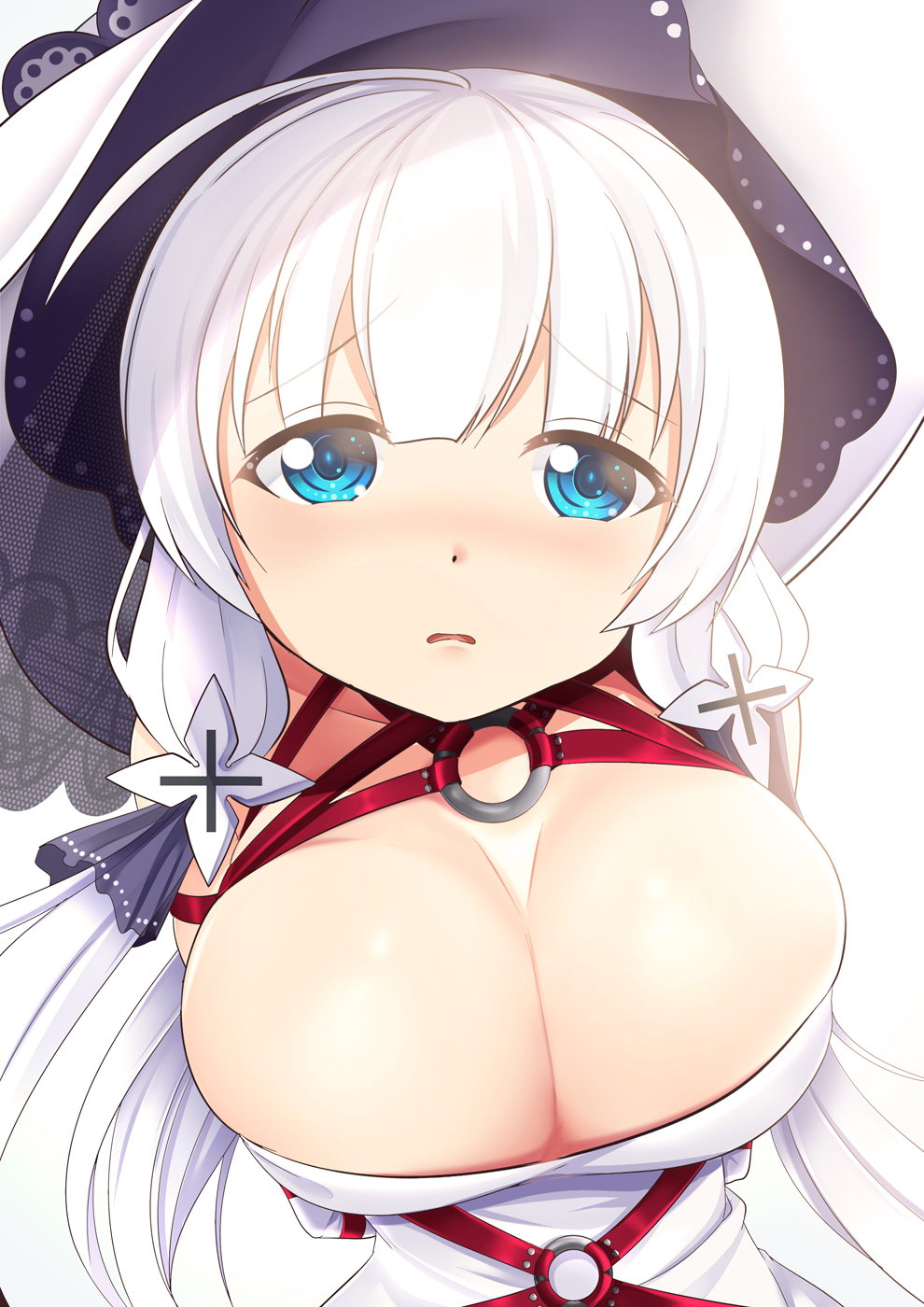 Anime 990x1400 blue eyes cleavage white background Azur Lane Illustrious (Azur Lane) huge breasts white hair big boobs