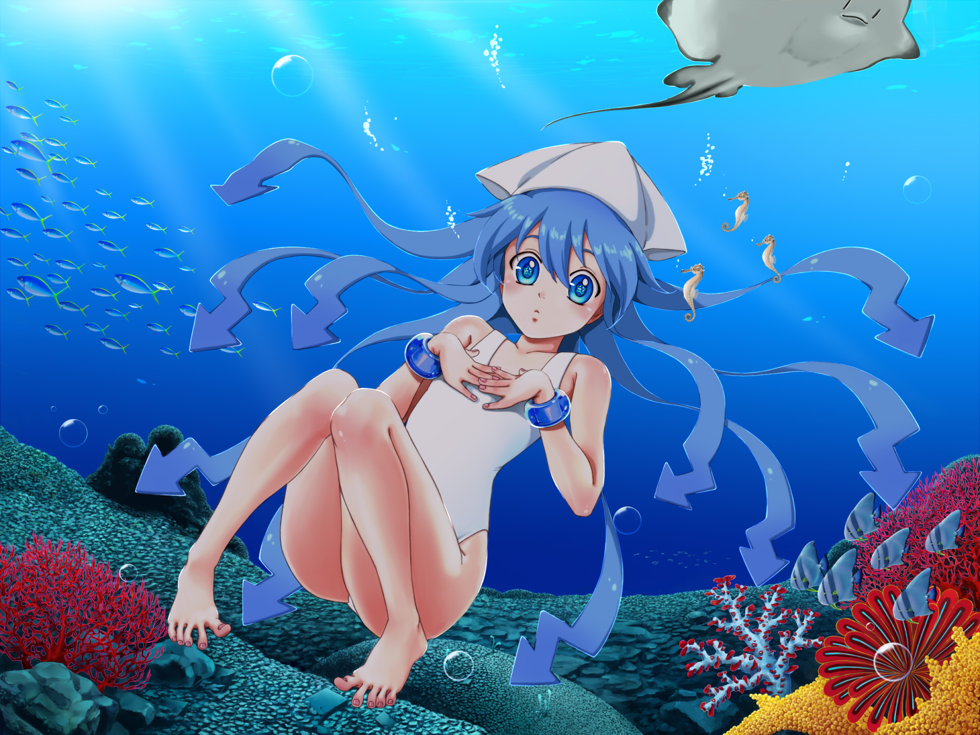 Anime 1920x1440 Shinryaku! Ika Musume anime girls Ika Musume anime blue hair blue eyes seahorses fish underwater thighs together arrow (design) animals legs barefoot bracelets in water