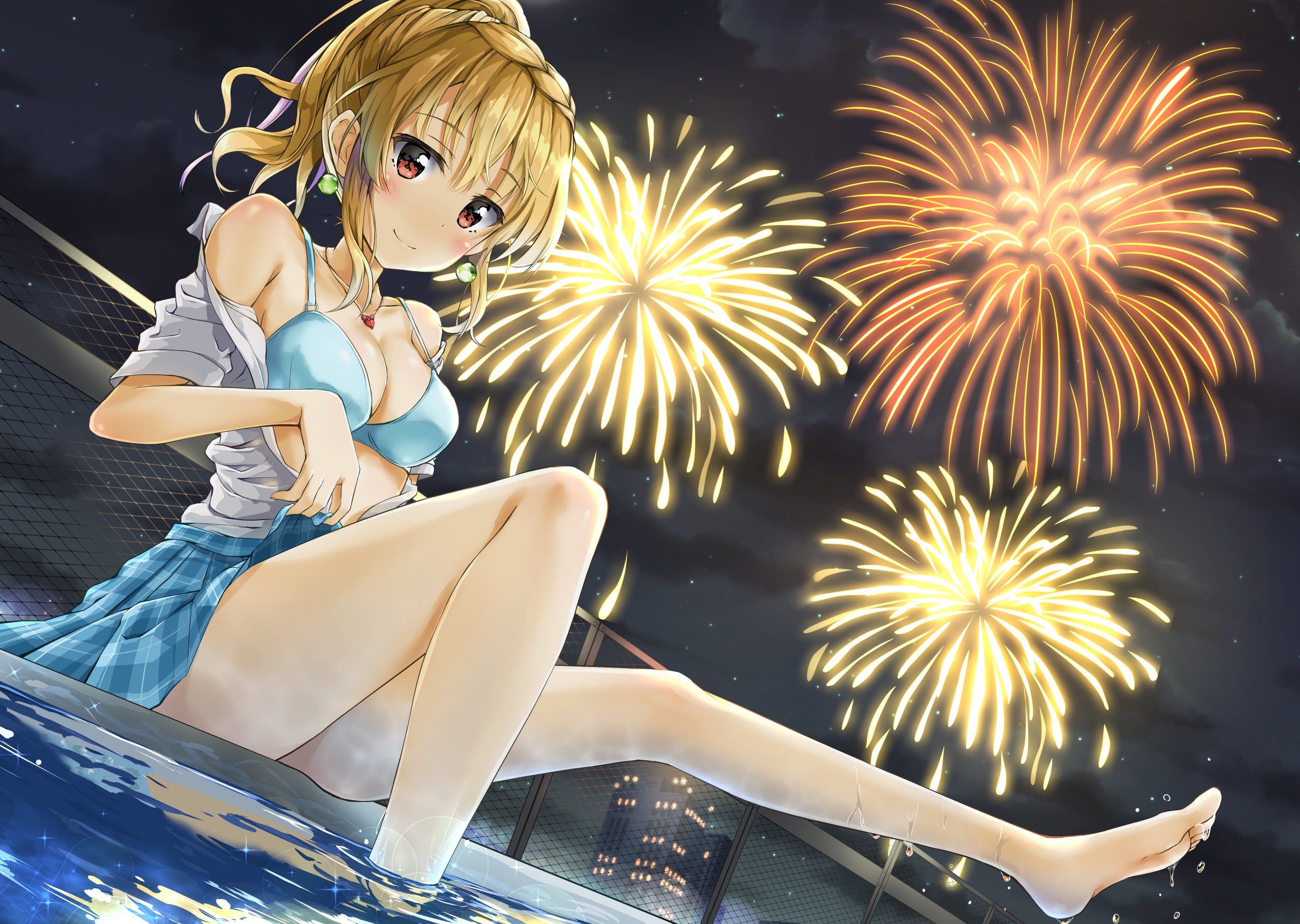 Anime 2549x1812 blonde cleavage fireworks