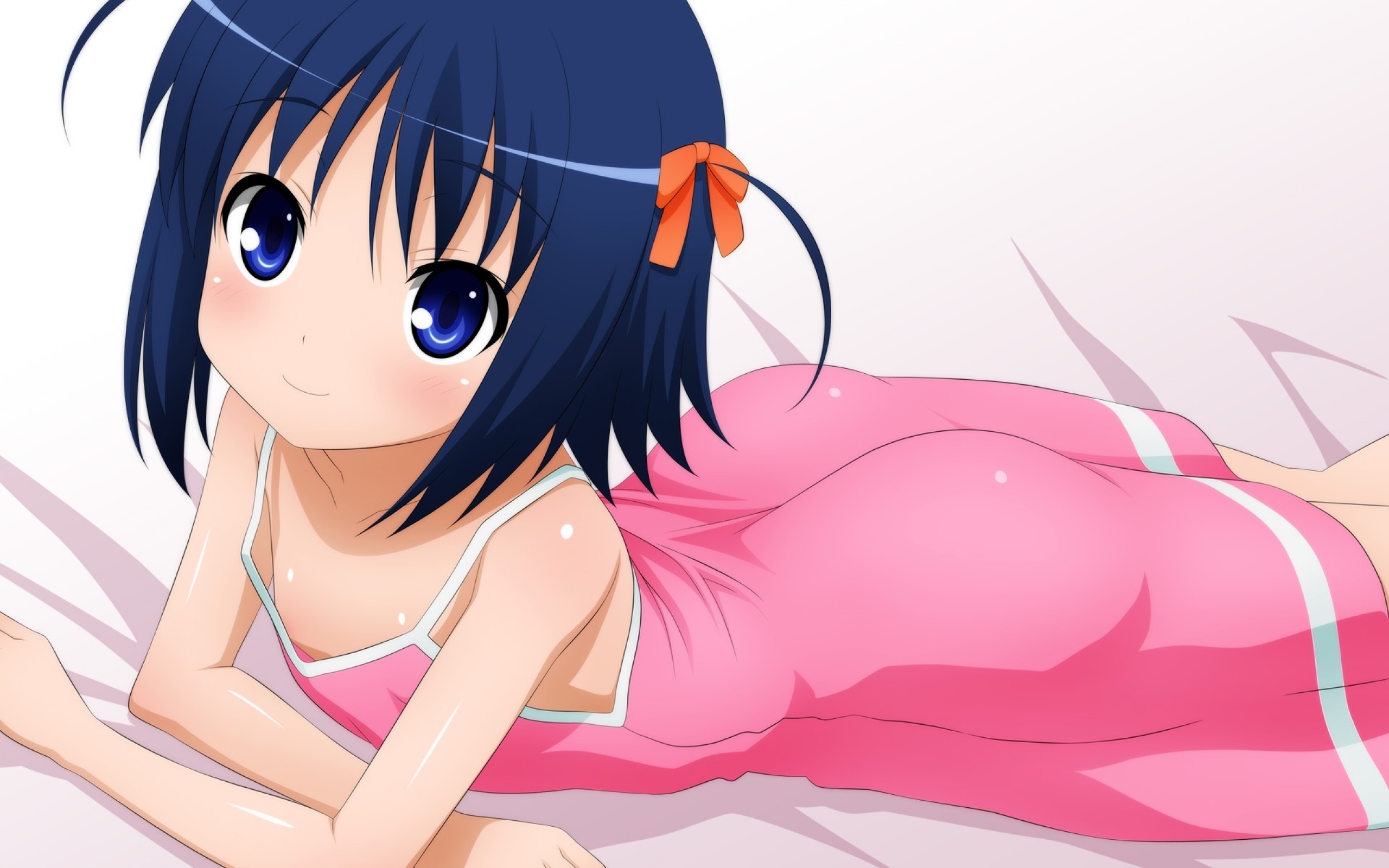 Anime 2560x1600 anime girls pyjamas bed loli smiling lying on front