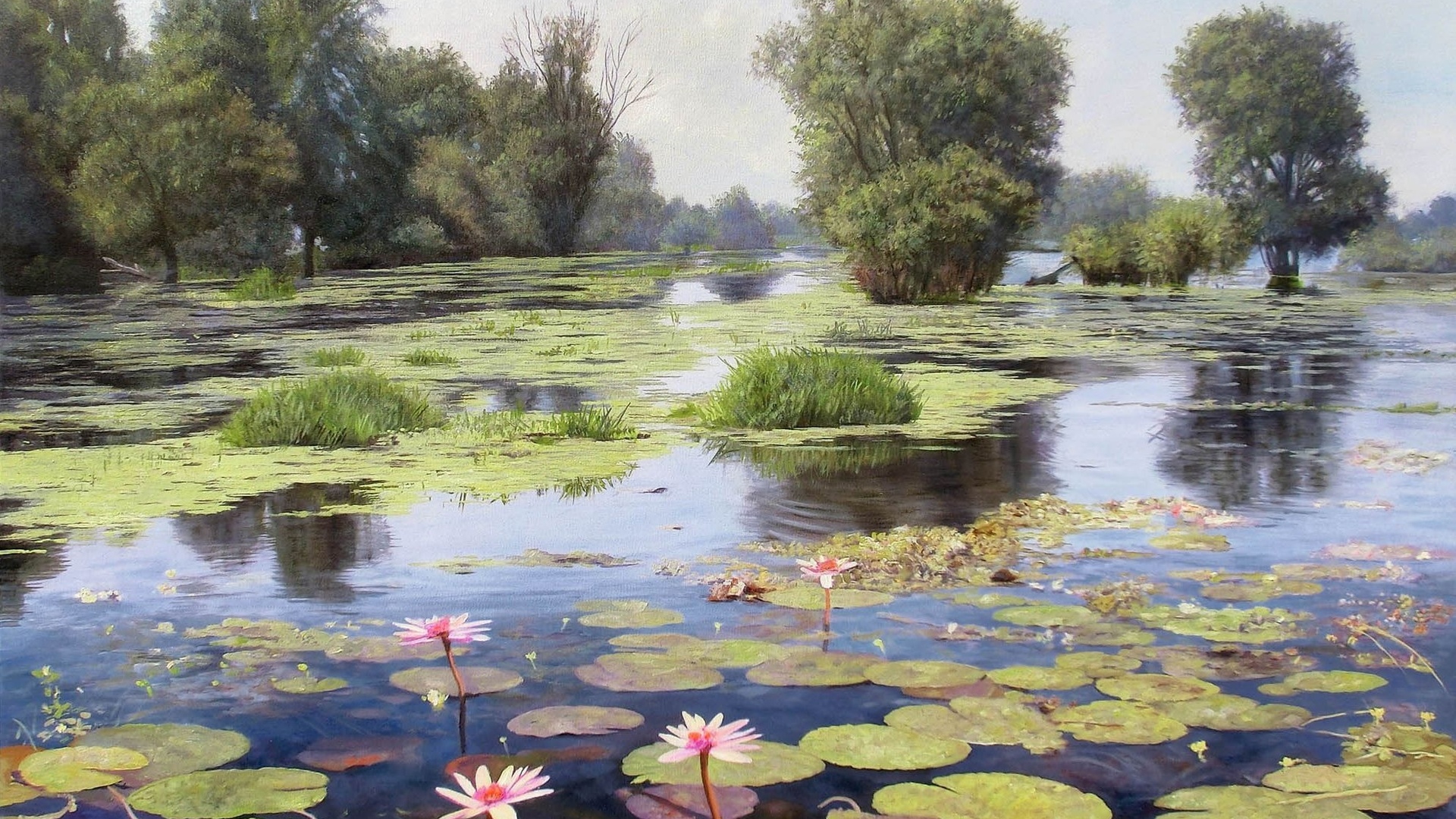 General 1920x1080 pond flowers reflection trees landscape summer painting