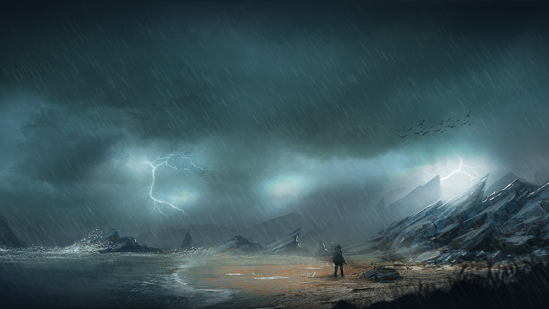 General 1920x1080 night rain rocks sea shore lightning men mist digital art storm