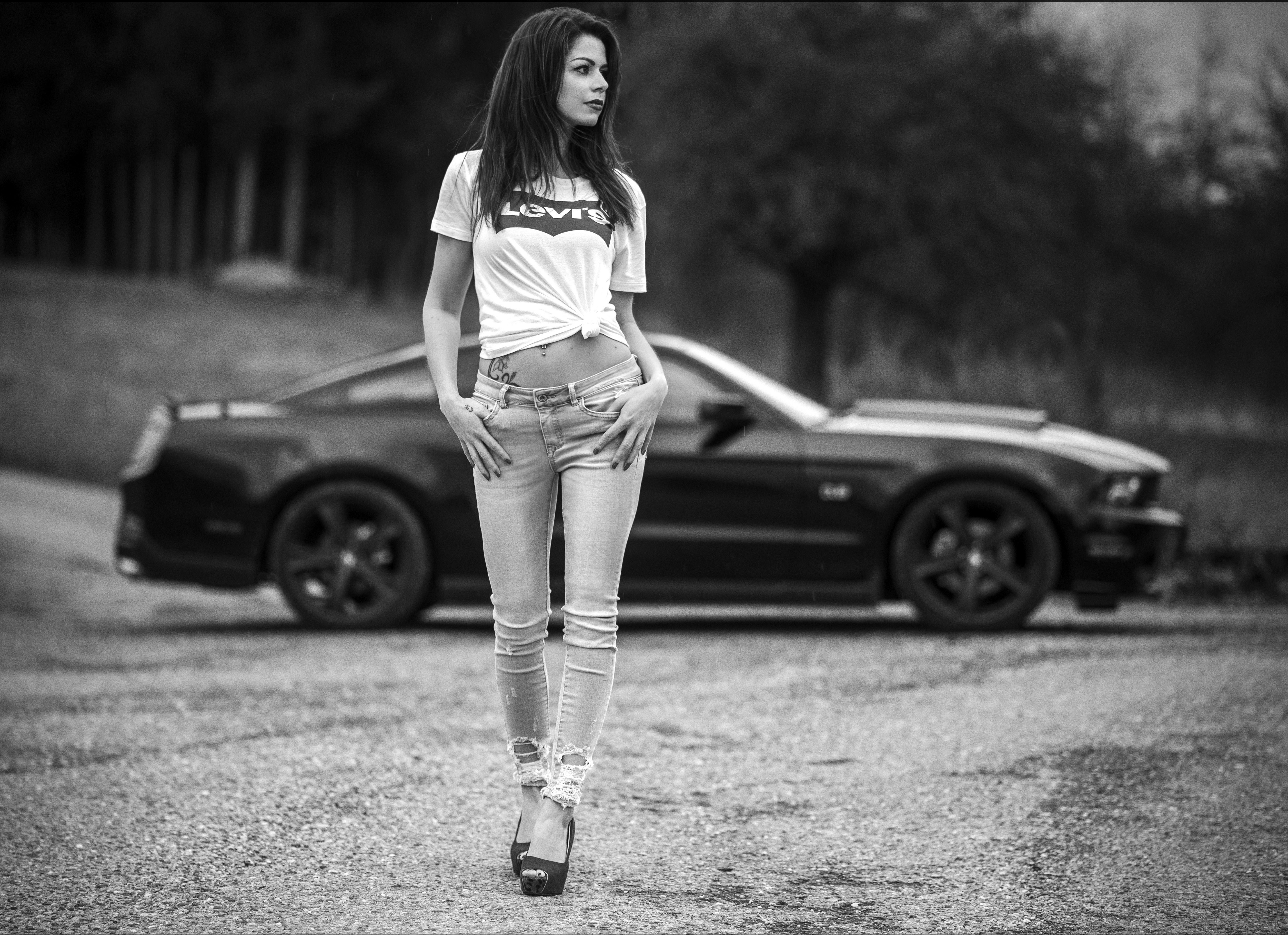 People 5280x3834 shirt jeans torn jeans high heels tattoo monochrome Levi's Dean Kaymak women T-shirt women with cars Ford Ford Mustang muscle cars American cars