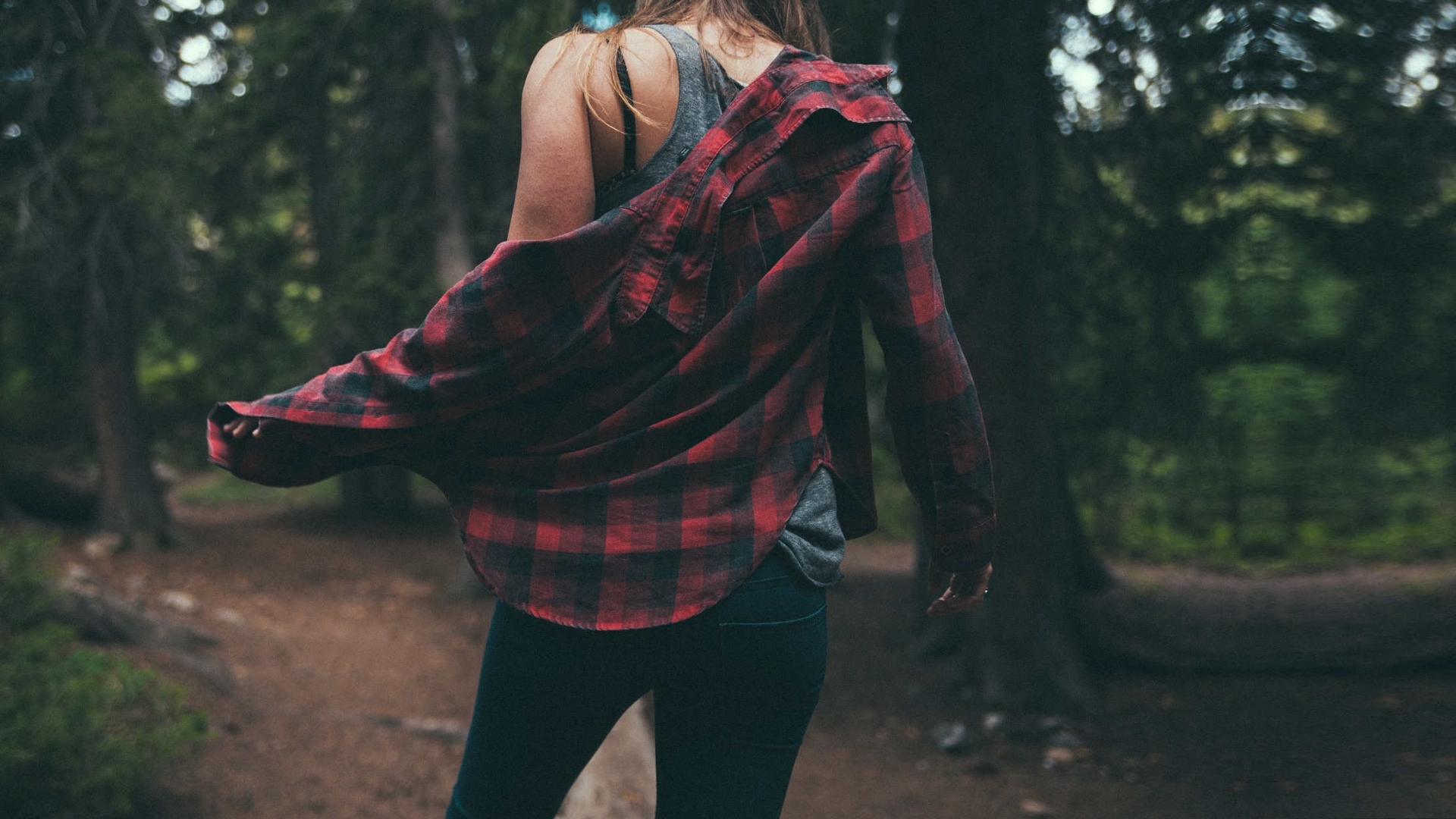People 1920x1080 forest women outdoors photography back Chill Out crisromagosa depth of field plaid shirt model landscape nature women outdoors standing