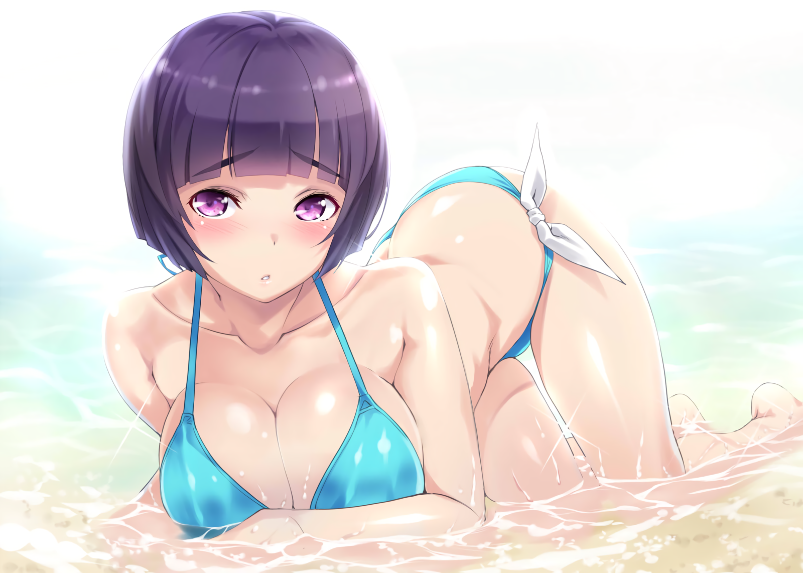 Anime 1600x1142 Eromanga-sensei Senju Muramasa blushing short hair water bikini cleavage ass anime girls big boobs purple hair purple eyes bent over wet Nagayori