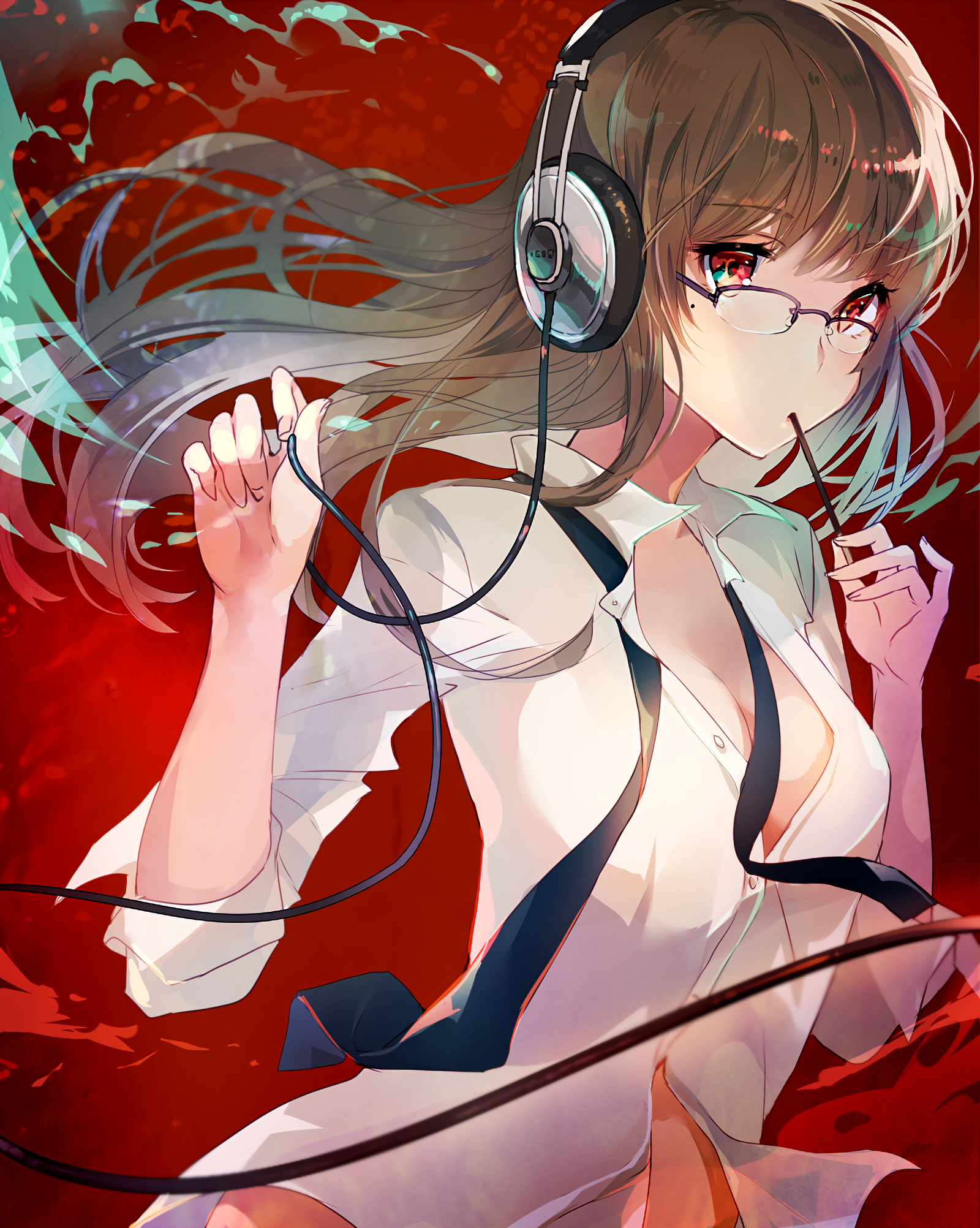 Anime 1600x2004 anime anime girls long hair brunette red eyes glasses meganekko headphones open shirt no bra artwork Tlla