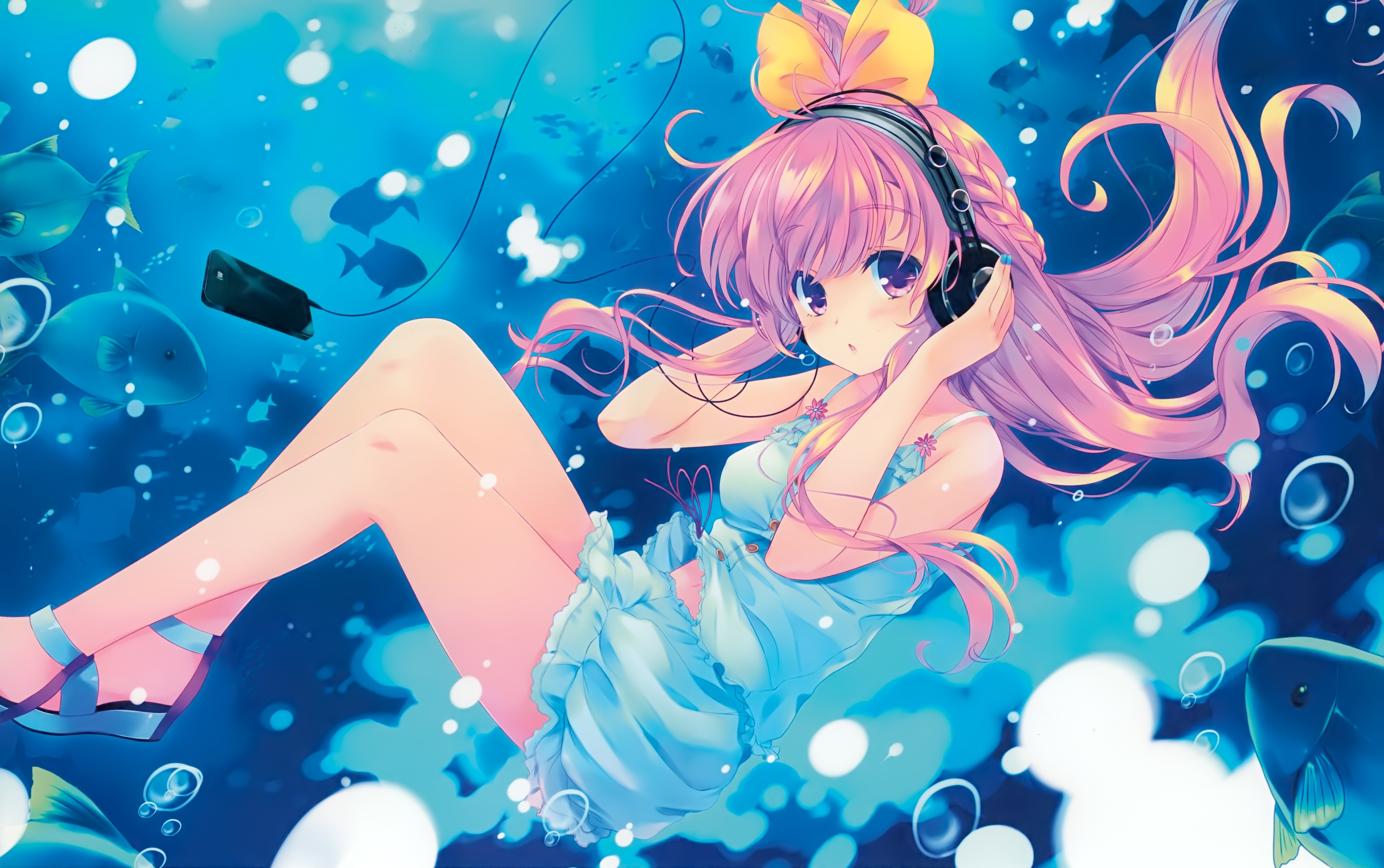 Anime 4260x2673 anime anime girls long hair pink hair pink eyes headphones underwater fish skirt