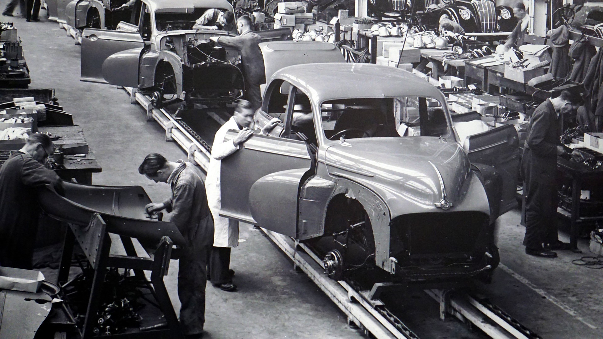 People 1920x1080 vehicle car vintage men factories workers old photos monochrome industrial